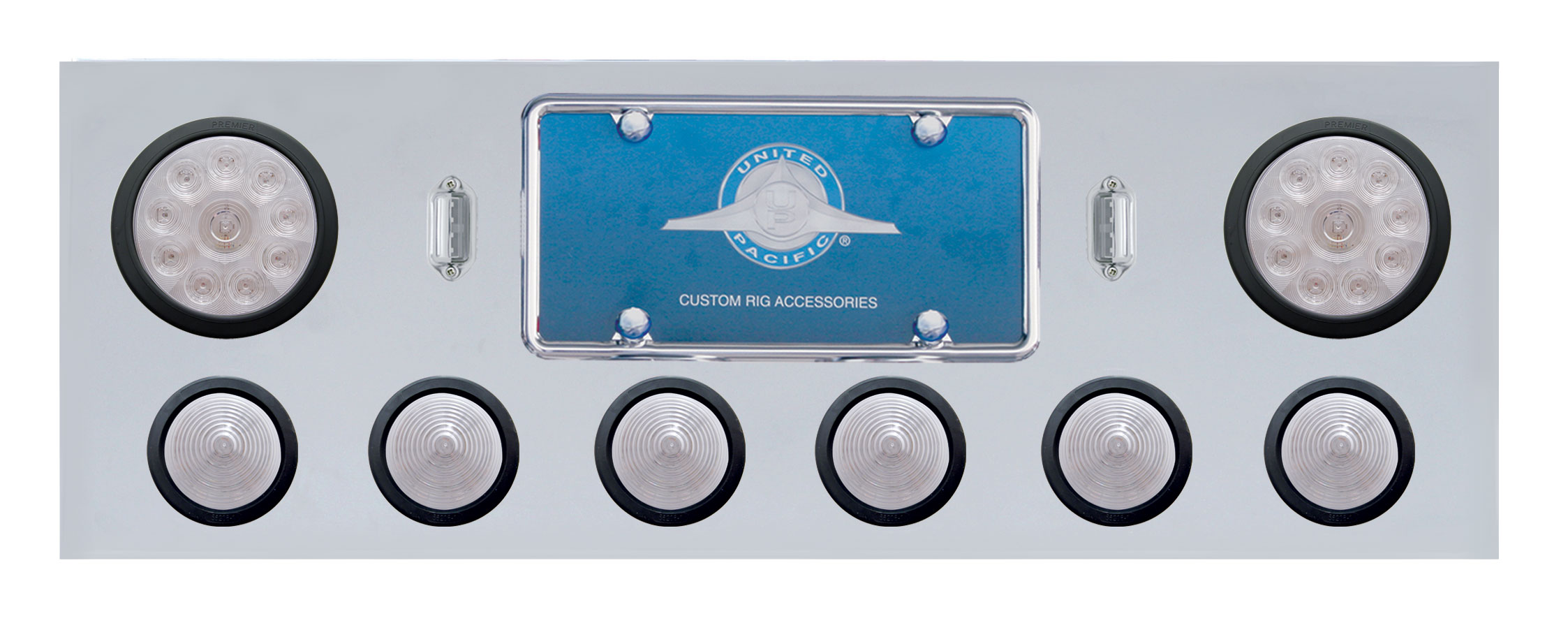 Stainless Steel Rear Center Lt Panel W/ Two 10 Led 4" & Six 13 Led 2 1/2" Beehive Lt W/ Grommet - Red Led/Clear Lens