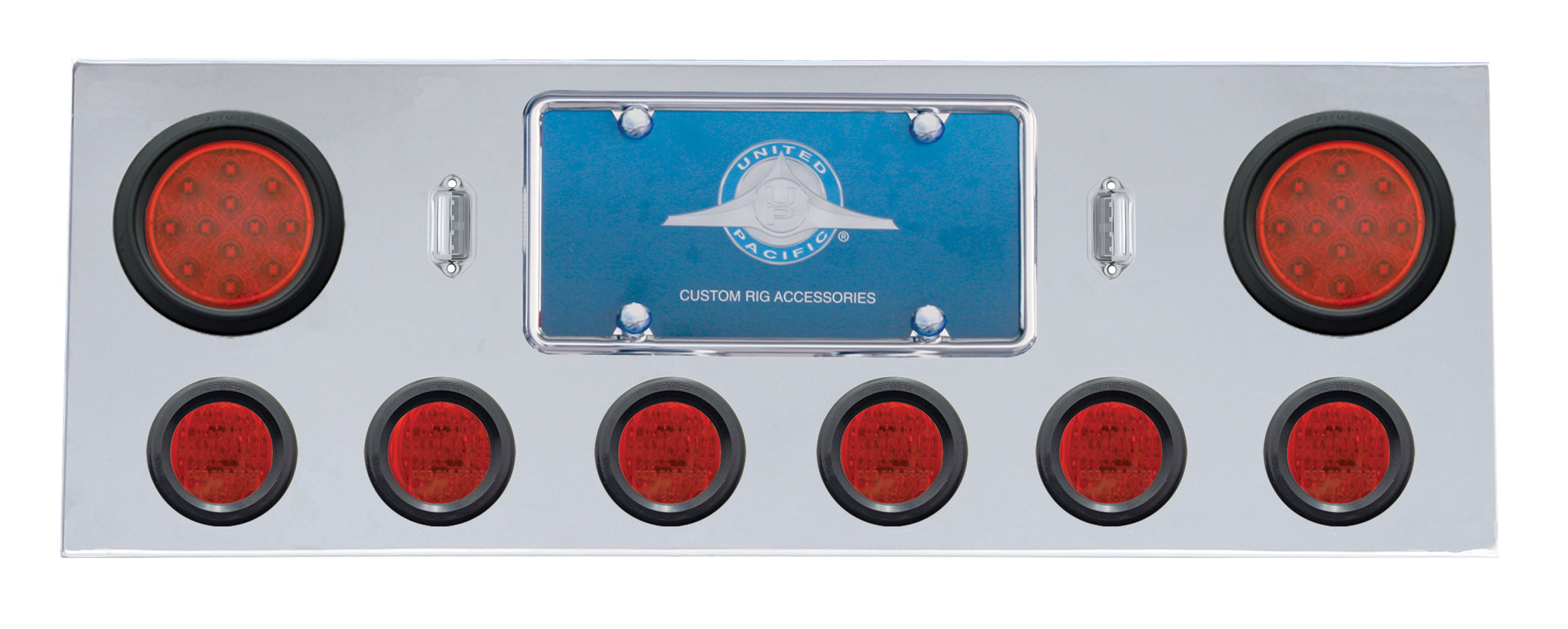 Stainless Steel Rear Center Lt Panel W/ Two 12 Led 4" & Six 13 Led 2 1/2" Flat Lt W/ Grommet - Red Led/Red Lens