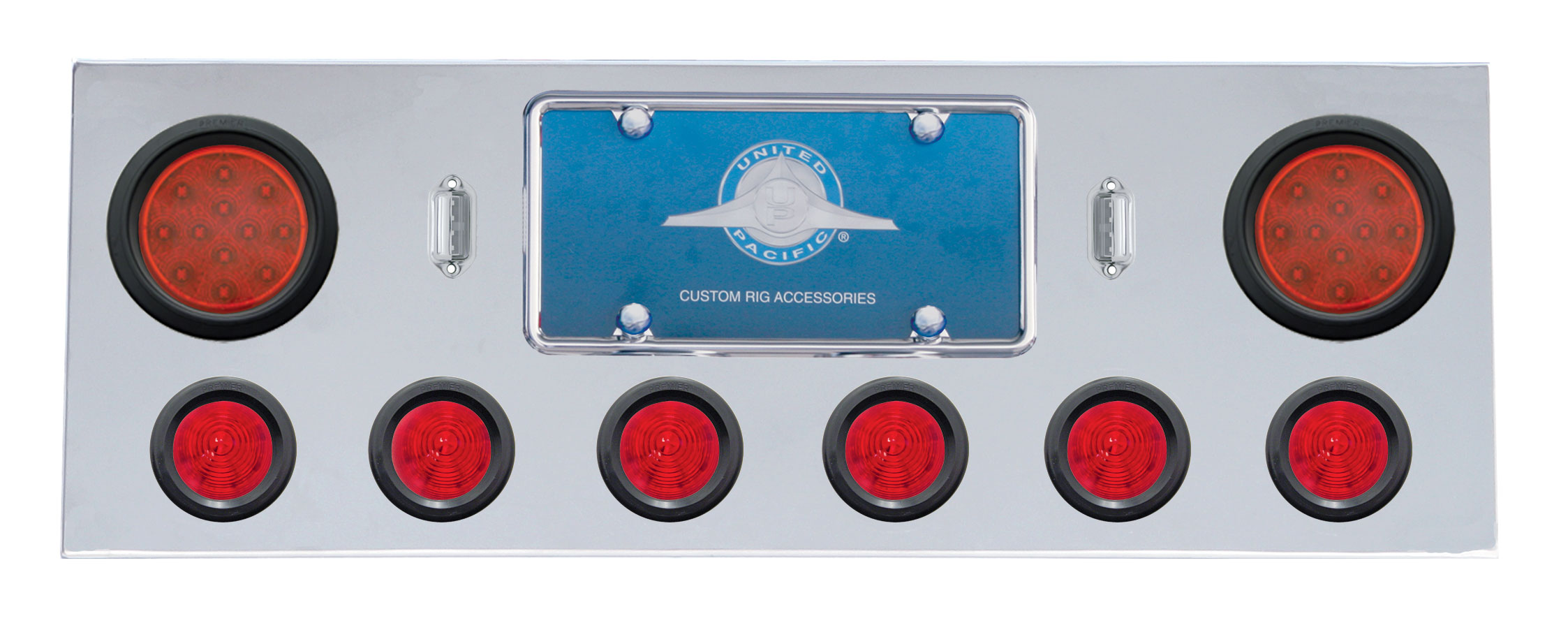 Stainless Steel Rear Center Lt Panel W/ Two 12 Led 4" & Six 13 Led 2 1/2" Beehive Lt W/ Grommet - Red Led/Red Lens