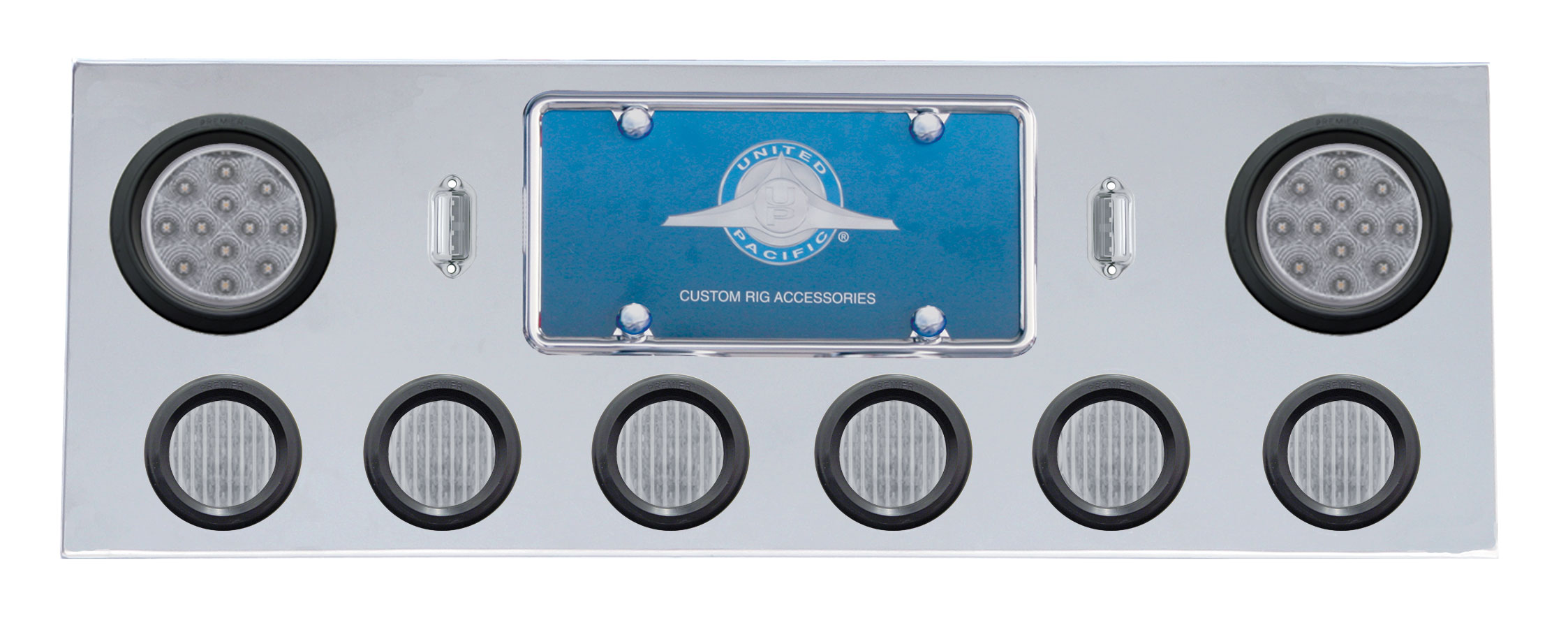 Stainless Steel Rear Center Lt Panel W/ Two 12 Led 4" & Six 13 Led 2 1/2" Flat Lt W/ Grommet - Red Led/Clear Lens