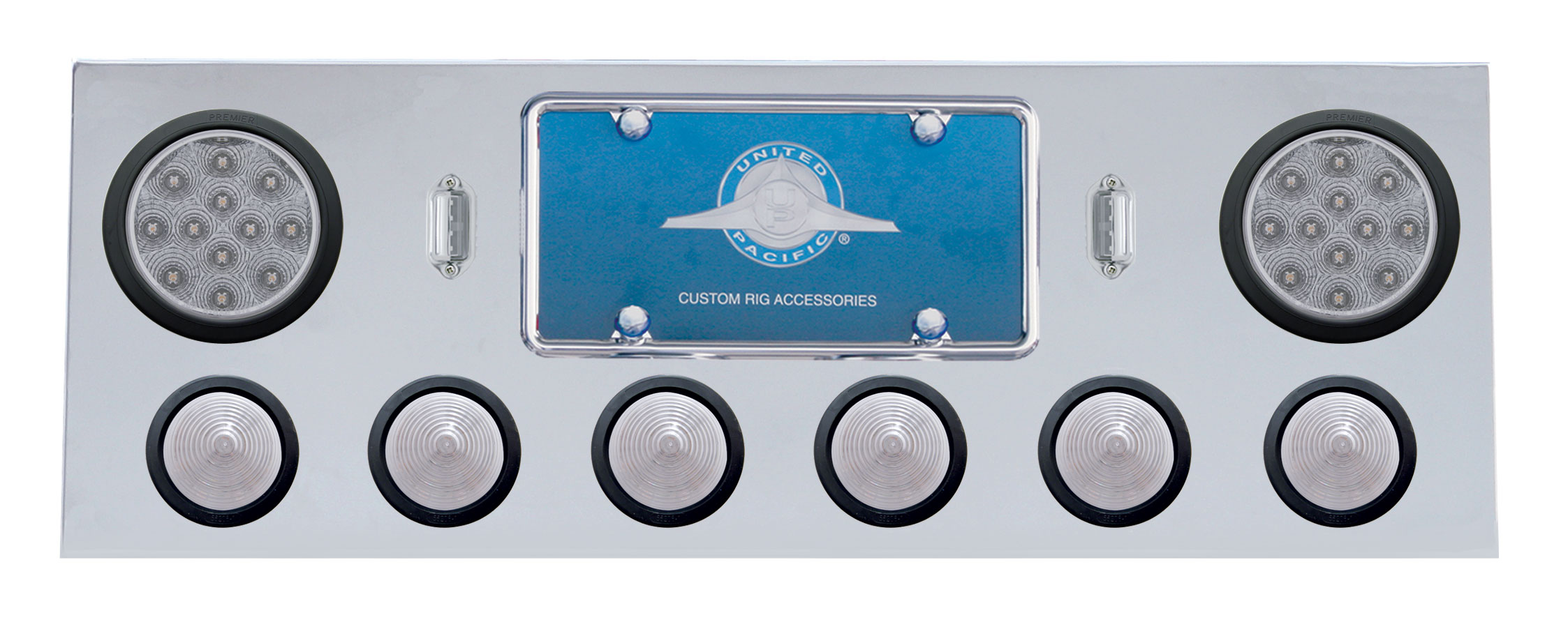 Stainless Steel Rear Center Lt Panel W/ Two 12 Led 4" & Six 13 Led 2 1/2" Beehive Lt W/ Grommet - Red Led/Clear Lens