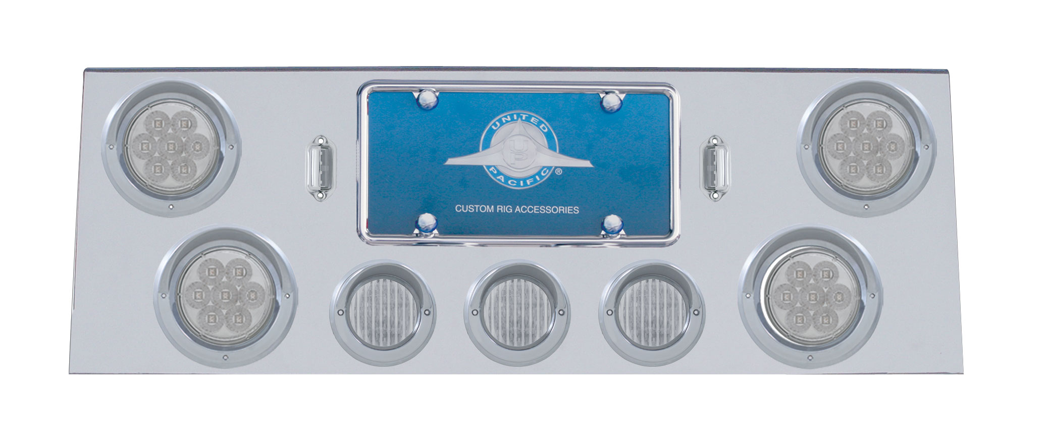 Stainless Steel Rear Center Light Panel W/ Four 7 Led 4" Reflector & Three 13 Led 2 1/2" Flat Light W/ Visor - Red Led/Clear Lens