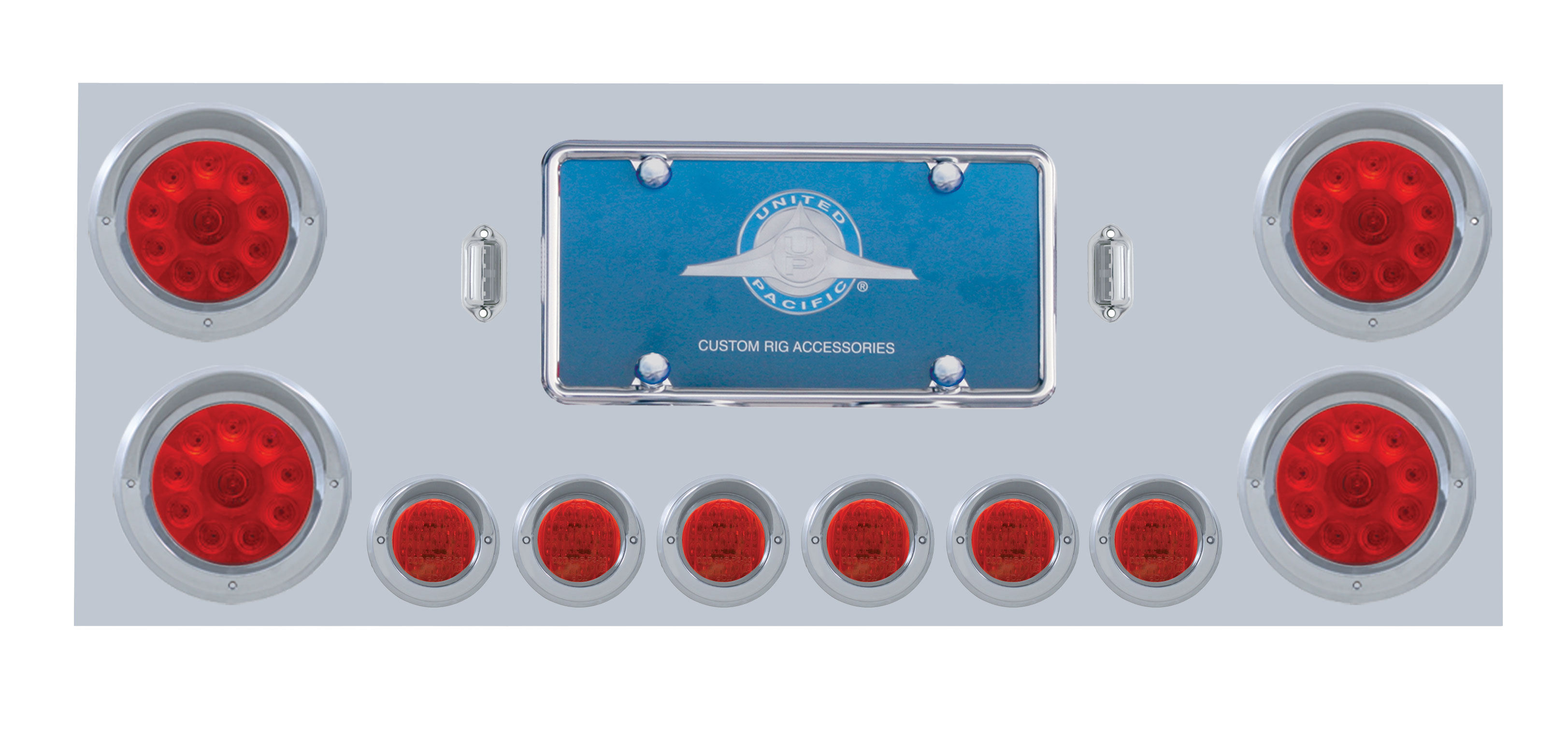 Stainless Steel Rear Center Light Panel W/ Four 10 Led 4" & Six 9 Led 2" Flat Light W/ Visor - Red Led/Red Lens