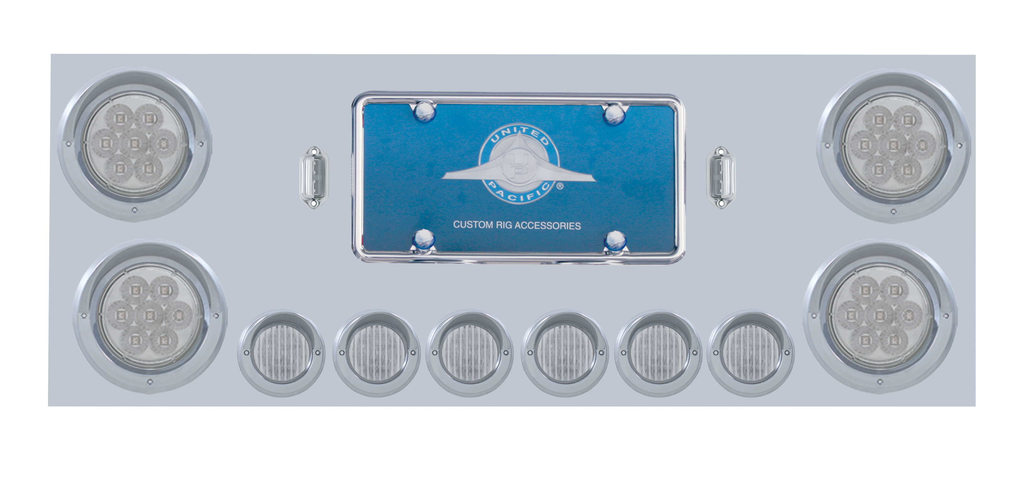 Stainless Steel Rear Center Light Panel W/ Four 7 Led 4" & Six 9 Led 2" Flat Light W/ Visor - Red Led/Clear Lens