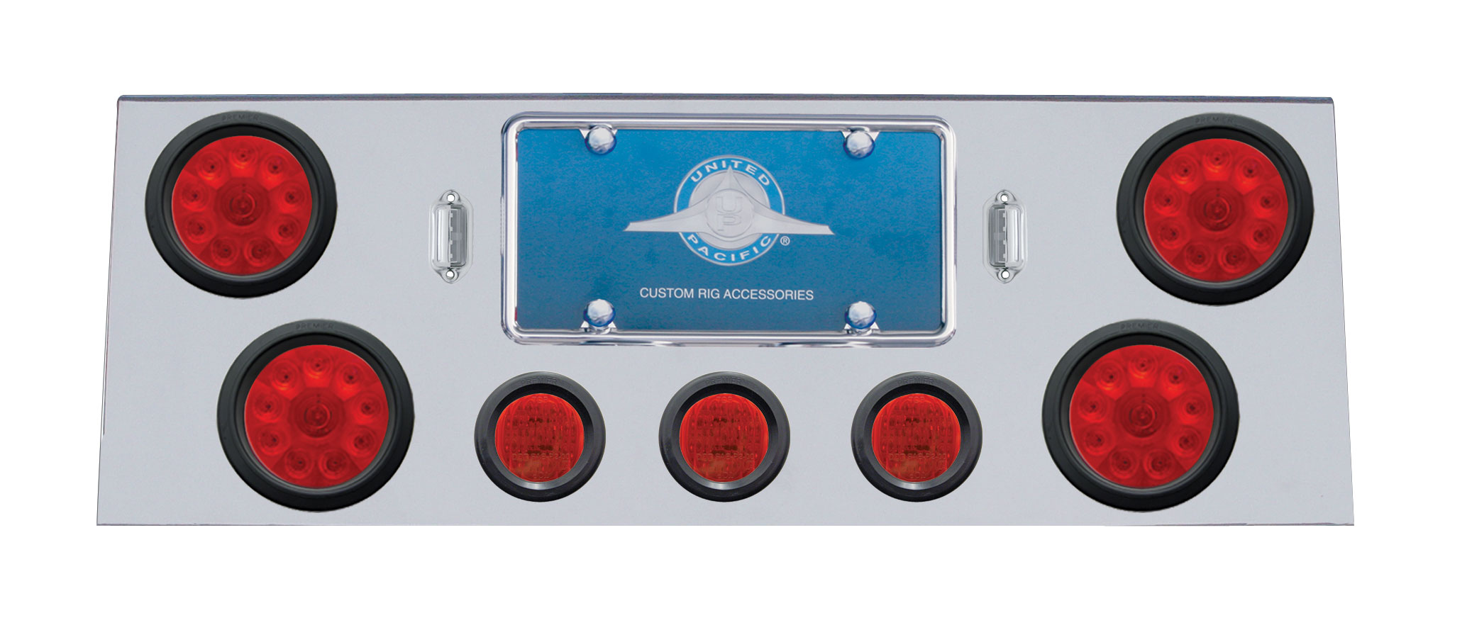 Stainless Steel Rear Cntr Lt Pnl W/ Four 10 Led 4" & Three 13 Led 2 1/2" Flat Lt W/ Grommet - Red Led/Red Lens