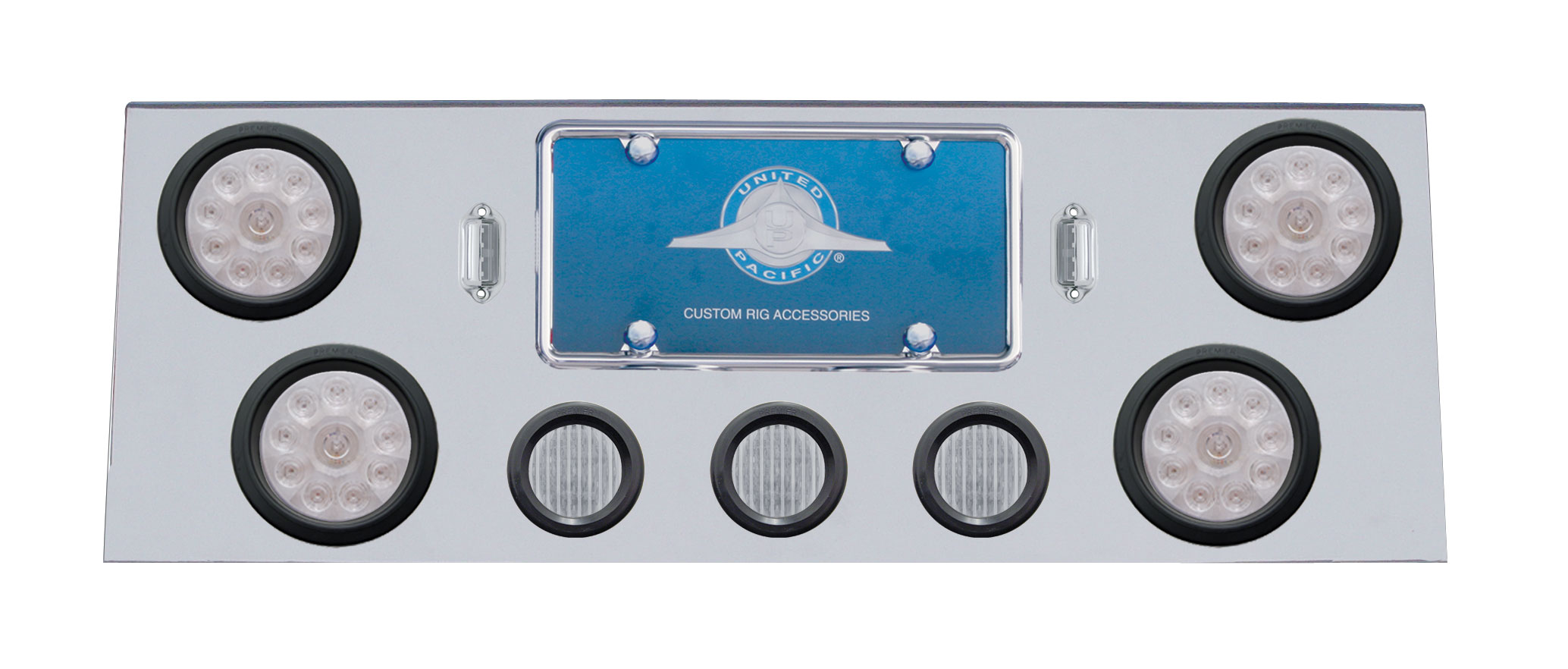 Stainless Steel Rear Cntr Lt Pnl W/ Four 10 Led 4" & Three 13 Led 2 1/2" Flat Lt W/ Grommet - Red Led/Clear Lens