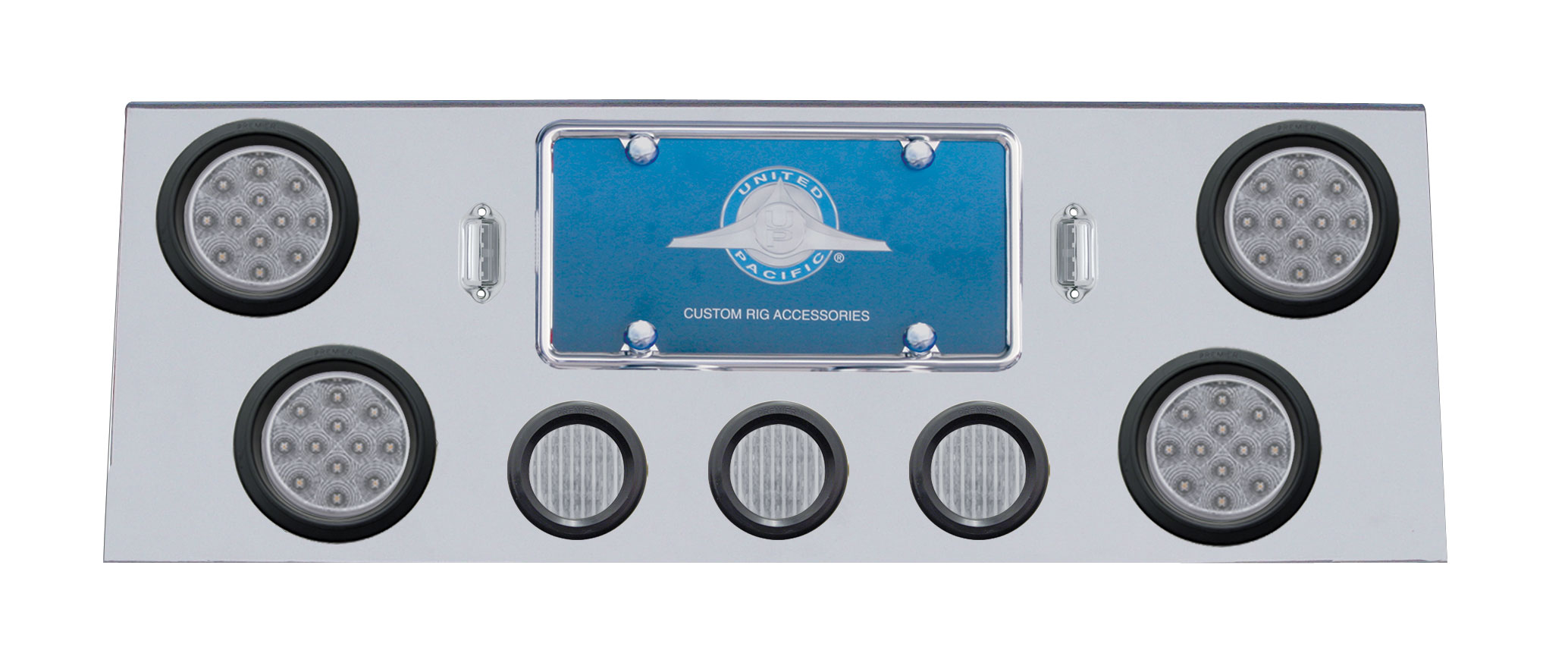 Stainless Steel Rear Cntr Lt Pnl W/ Four 12 Led 4" & Three 13 Led 2 1/2" Flat Lt W/ Grommet - Red Led/Clear Lens