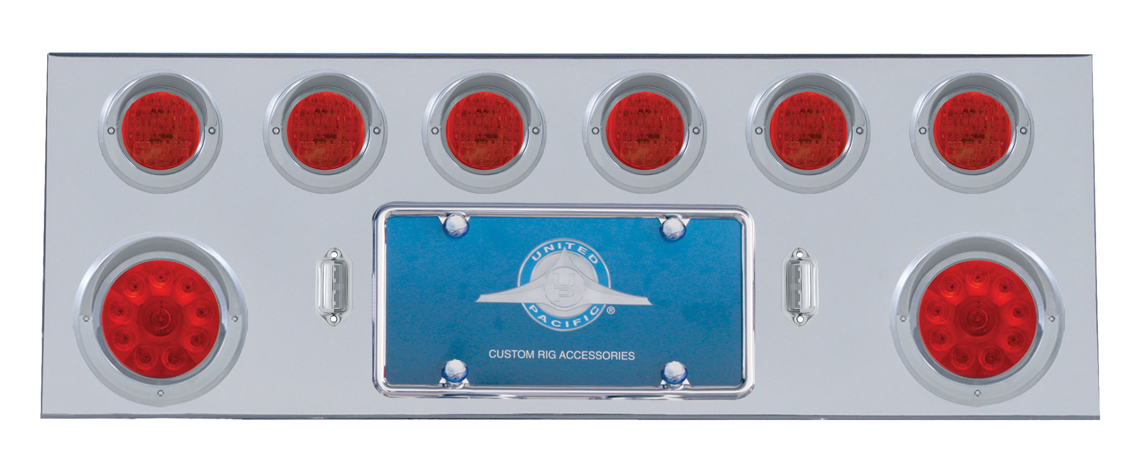 Stainless Steel Rear Center Light Panel W/ Two 10 Led 4" & Six 13 Led 2 1/2" Flat Lt W/ Visor - Red Led/Red Lens