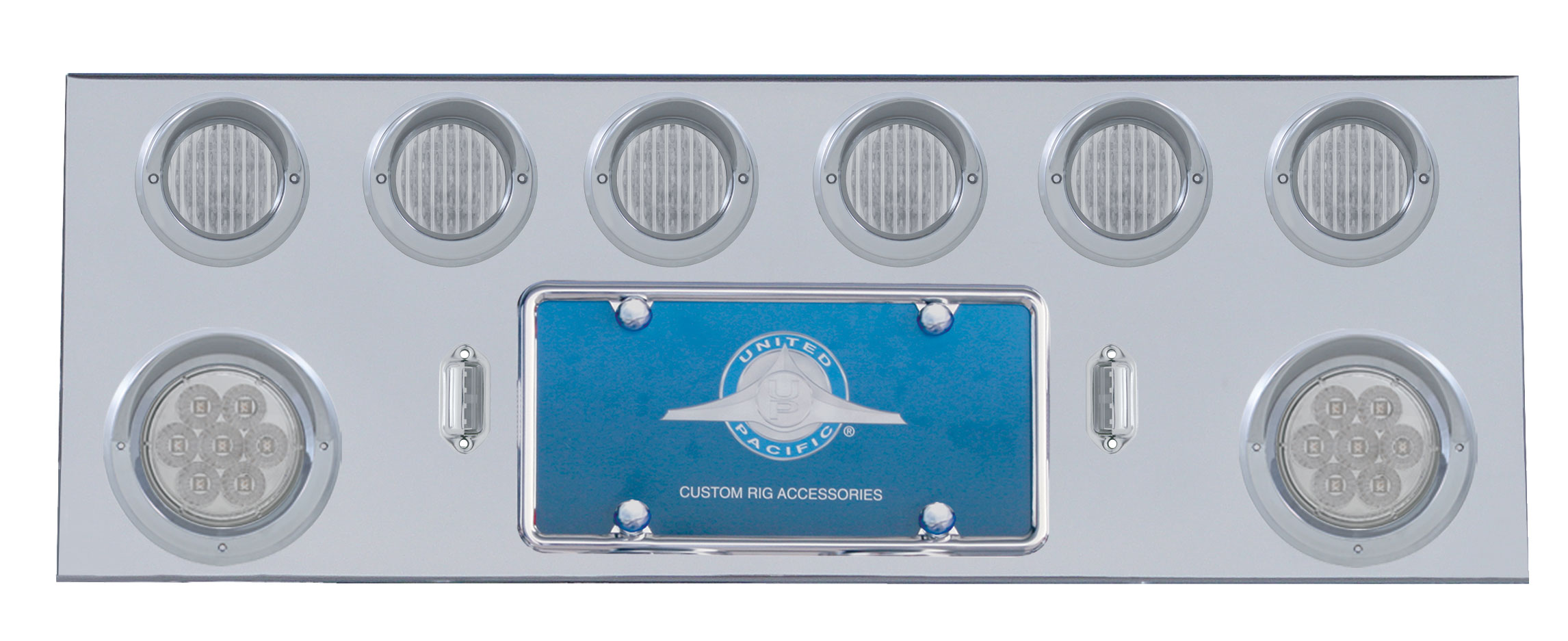 Stainless Steel Rear Center Light Panel W/ Two 7 Led 4" & Six 13 Led 2 1/2" Flat Lt W/ Visor - Red Led/Clear Lens
