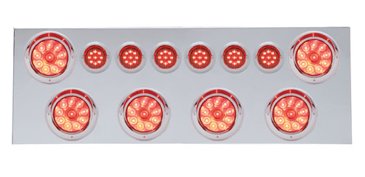 430 Stainless Steel Rear Center Light Panel W/ Six 10 Led 4" & 9 Led 2" Flat Light W/ Visor - Red Led/Red Lens