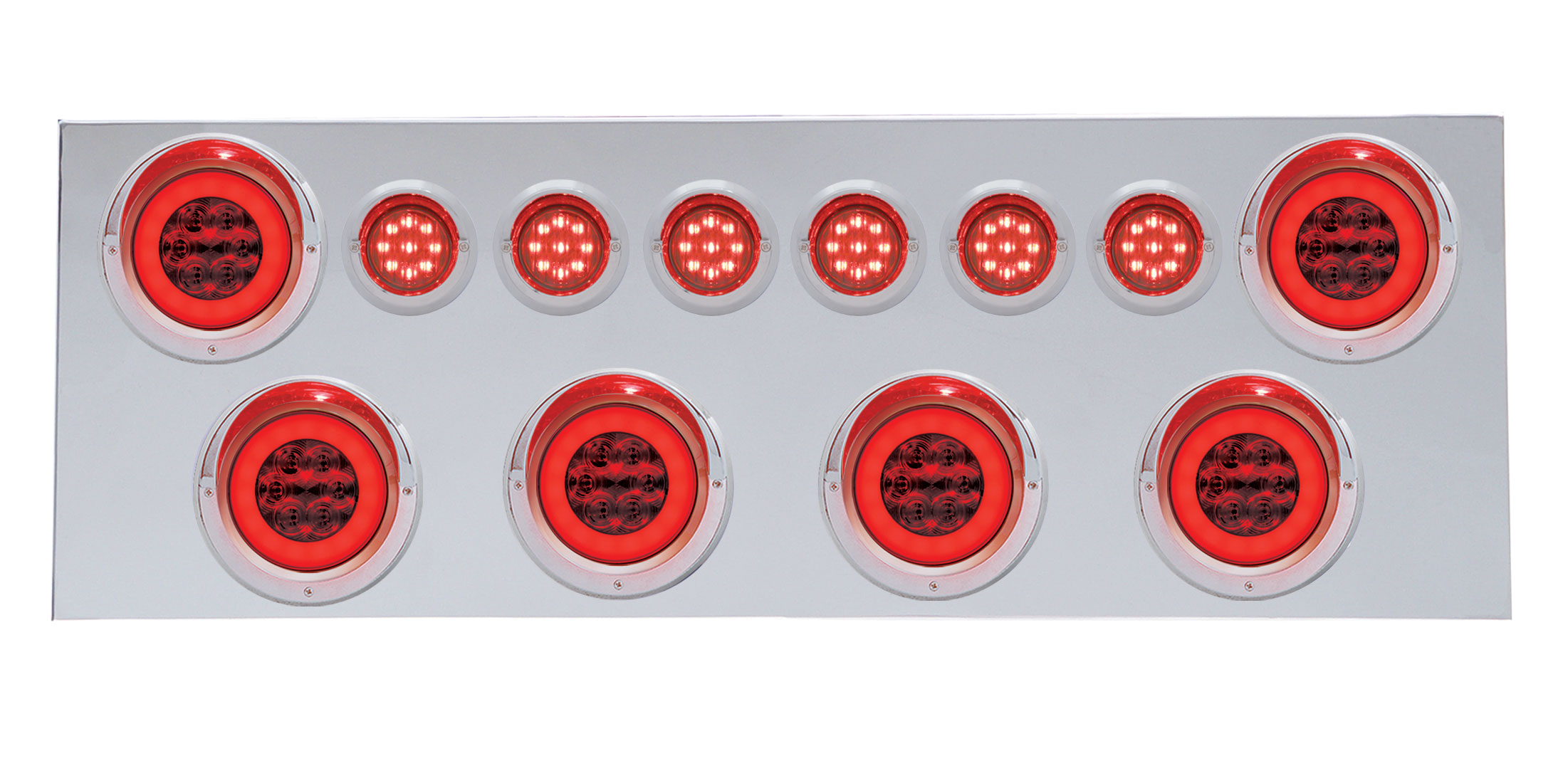 430 Stainless Steel Rear Center Light Panel W/ Six 21 Led 4" Halo & 9 Led 2" Flat Light W/ Visor - Red Led/Red Lens