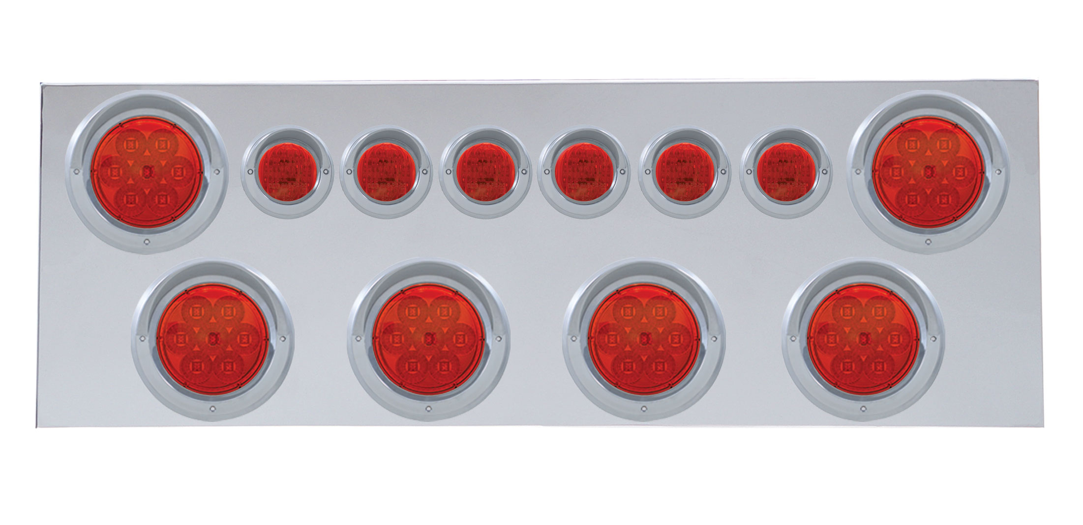 Stainless Steel Rear Center Light Panel W/ Six 7 Led 4" & 9 Led 2" Flat Light W/ Visor - Red Led/Red Lens