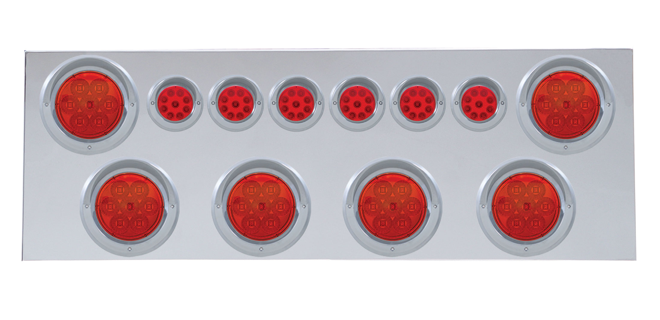 Stainless Steel Rear Center Light Panel W/ Six 7 Led 4" & 9 Led 2" Reflector Light W/ Visor - Red Led/Red Lens