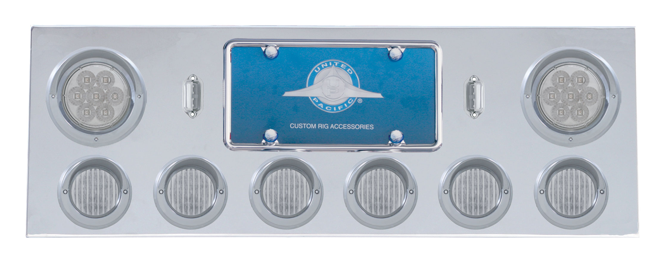 Stainless Steel Rear Center Light Panel W/ Two 7 Led 4" & Six 13 Led 2 1/2" Flat Light W/ Visor - Red Led/Clear Lens