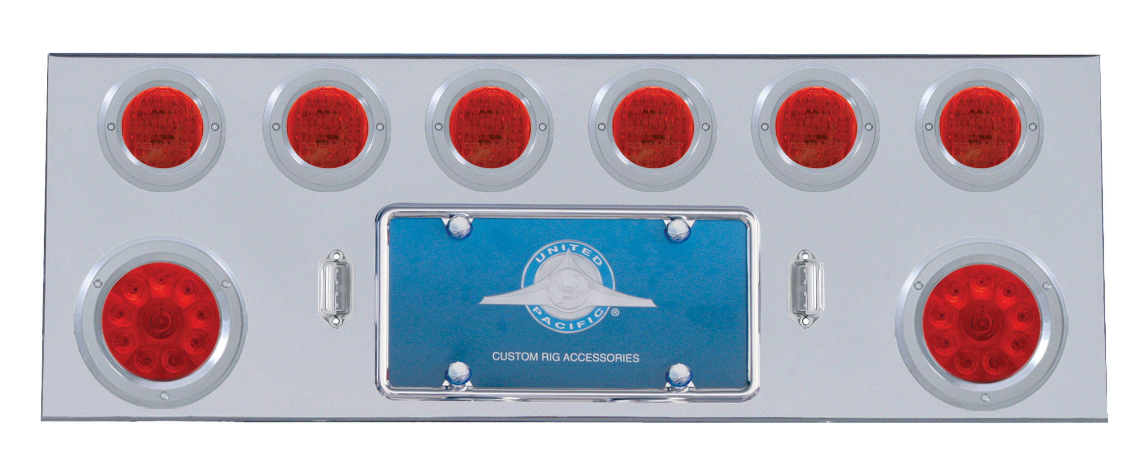 Stainless Steel Rear Center Light Panel W/ Two 10 Led 4" & Six 13 Led 2 1/2" Flat Lt W/ Bezel - Red Led/Red Lens