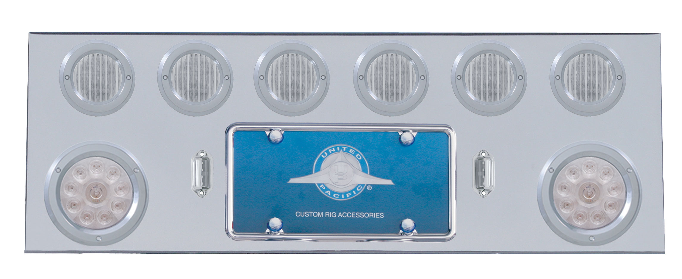 Stainless Steel Rear Center Light Panel W/ Two 10 Led 4" & Six 13 Led 2 1/2" Flat Lt W/ Bezel - Red Led/Clear Lens