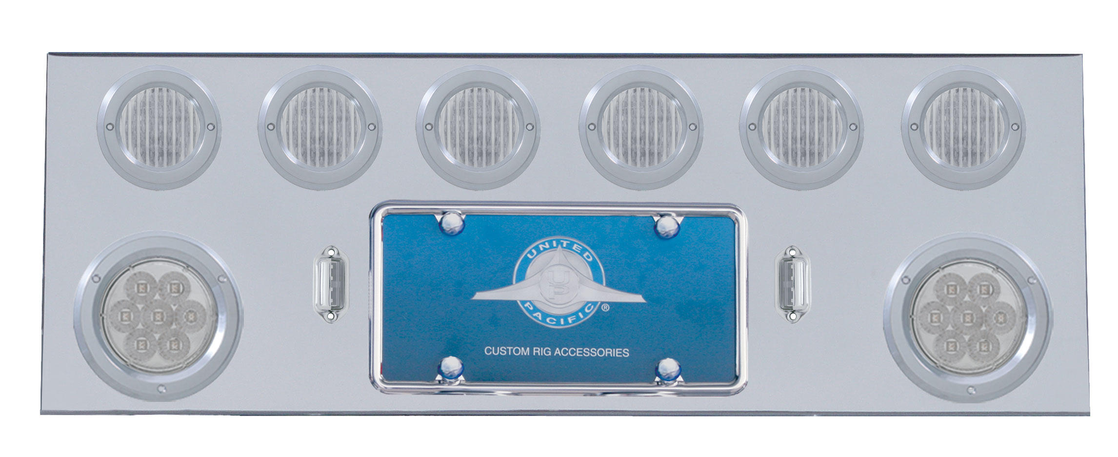Stainless Steel Rear Center Light Panel W/ Two 7 Led 4" & Six 13 Led 2 1/2" Flat Lt W/ Bezel - Red Led/Clear Lens