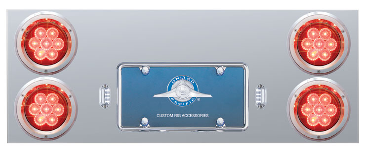 Stainless Steel Rear Center Light Panel W/ Four 7 Led 4" Light W/ Bezel - Red Led/Red Lens