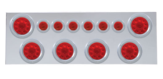 430 Stainless Steel Rear Center Light Panel W/ Six 10 Led 4" & 9 Led 2" Flat Light W/ Bezel - Red Led/Red Lens