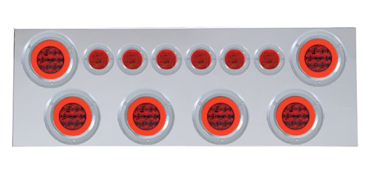430 Stainless Steel Rear Center Light Panel W/ Six 21 Led 4" Glo & 9 Led 2" Flat Light W/ Bezel - Red Led/Red Lens