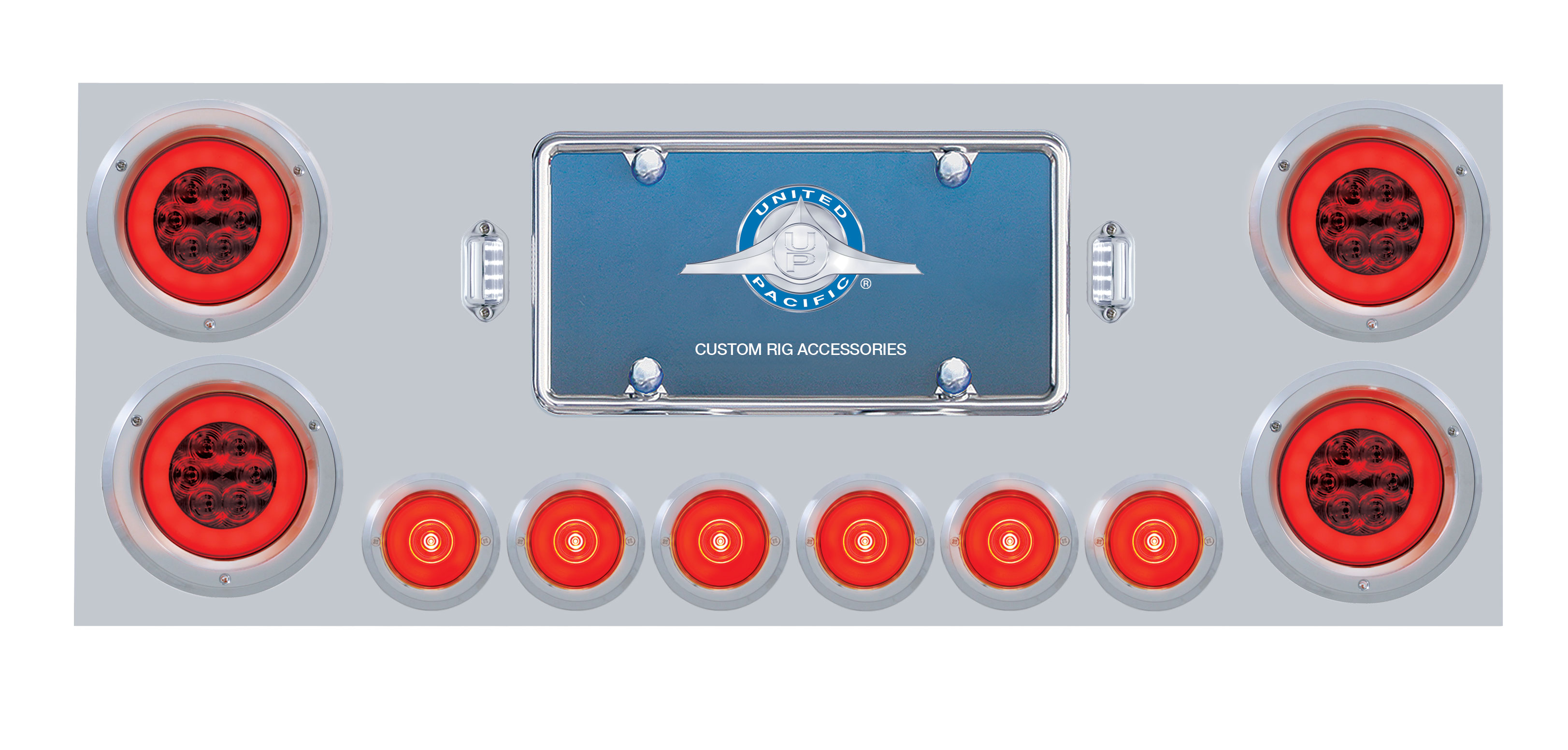 430 Stainless Steel Rear Center Light Panel W/ Six 21 Led 4" Glo & 9 Led 2" Glo Light W/Bezel - Red Led/Red Lens