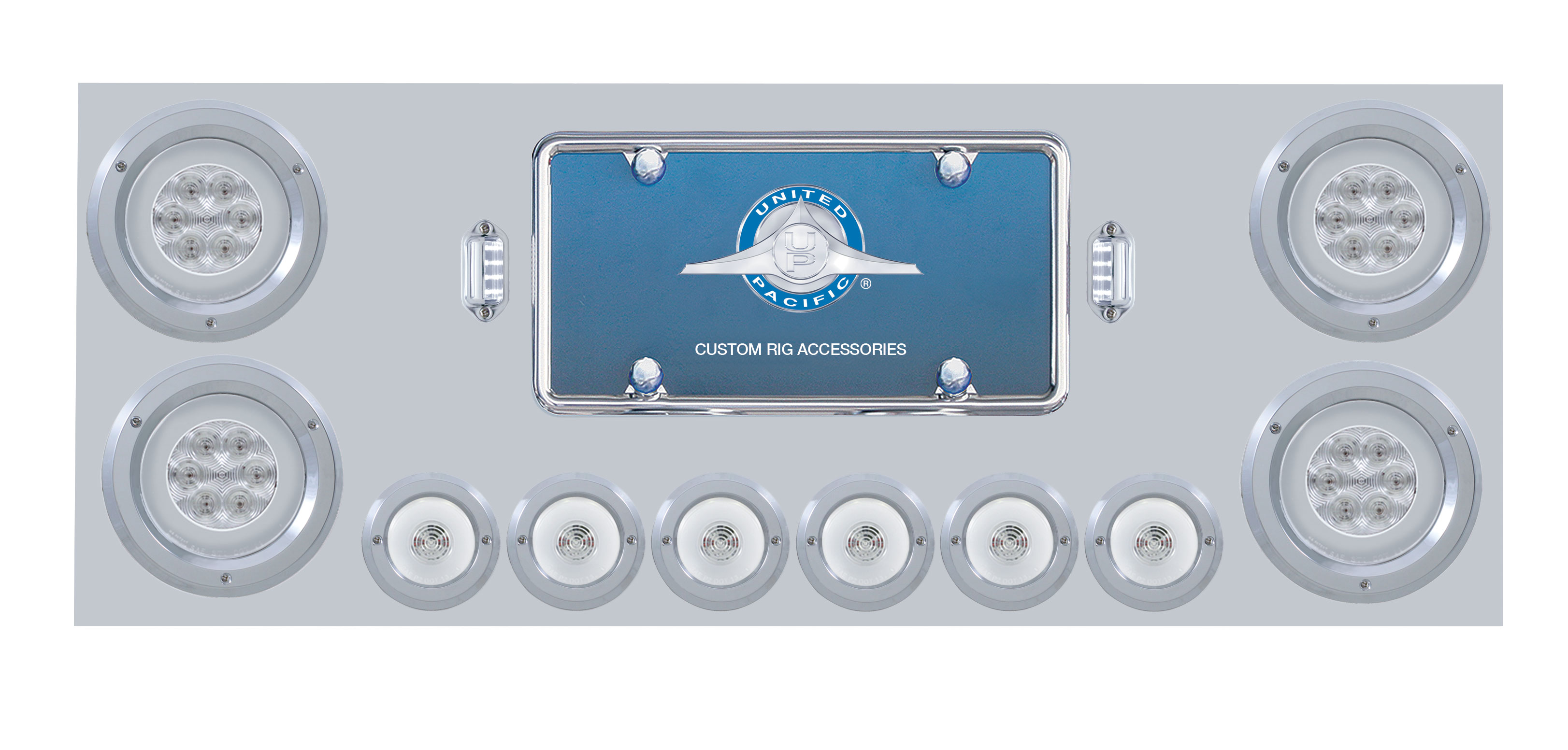 430 Stainless Steel Rear Center Light Panel W/ Six 21 Led 4" Glo & 9 Led 2" Glo Light W/Bezel - Red Led/Clear Lens