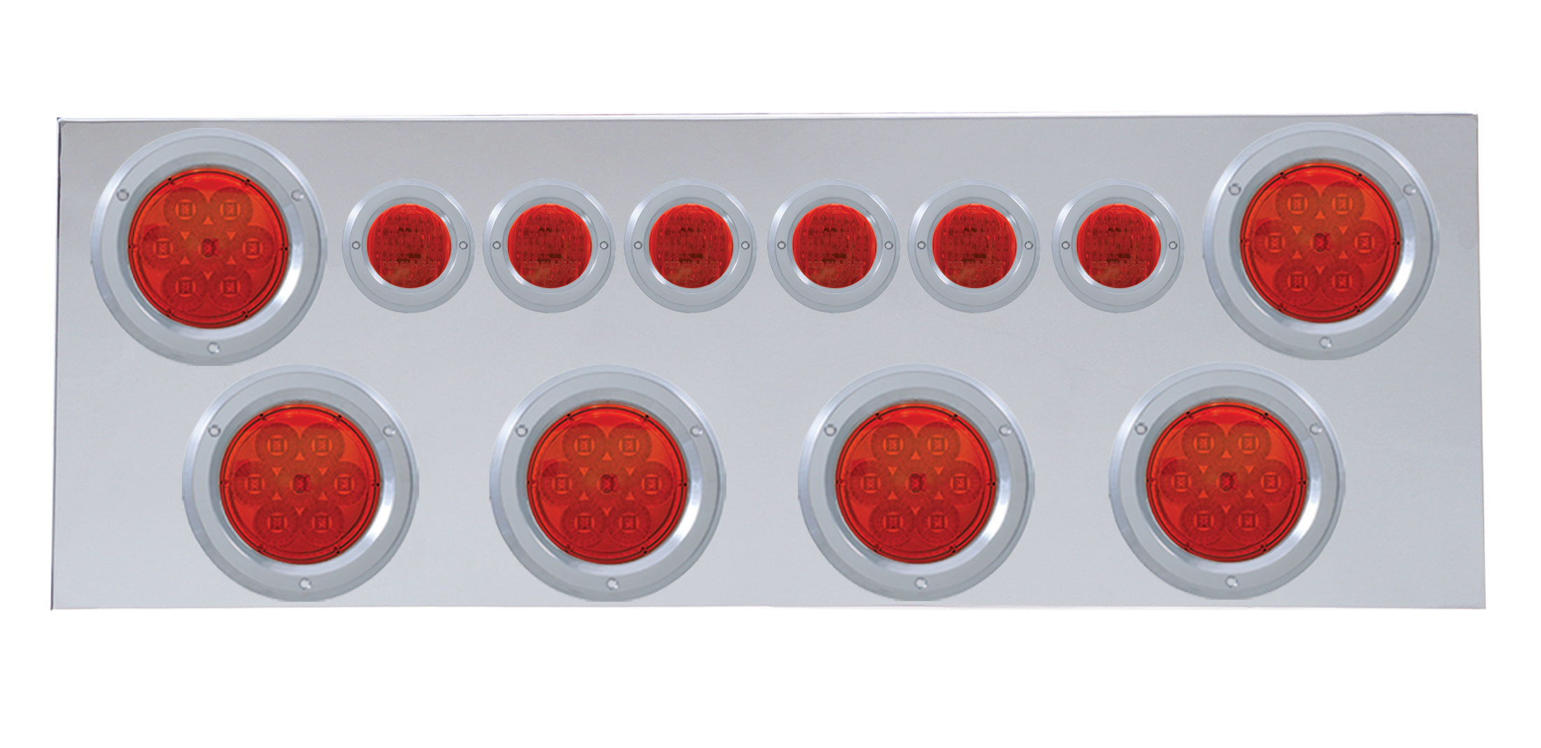Stainless Steel Rear Center Light Panel W/ Six 7 Led 4" & 9 Led 2" Flat Light W/ Bezel - Red Led/Red Lens