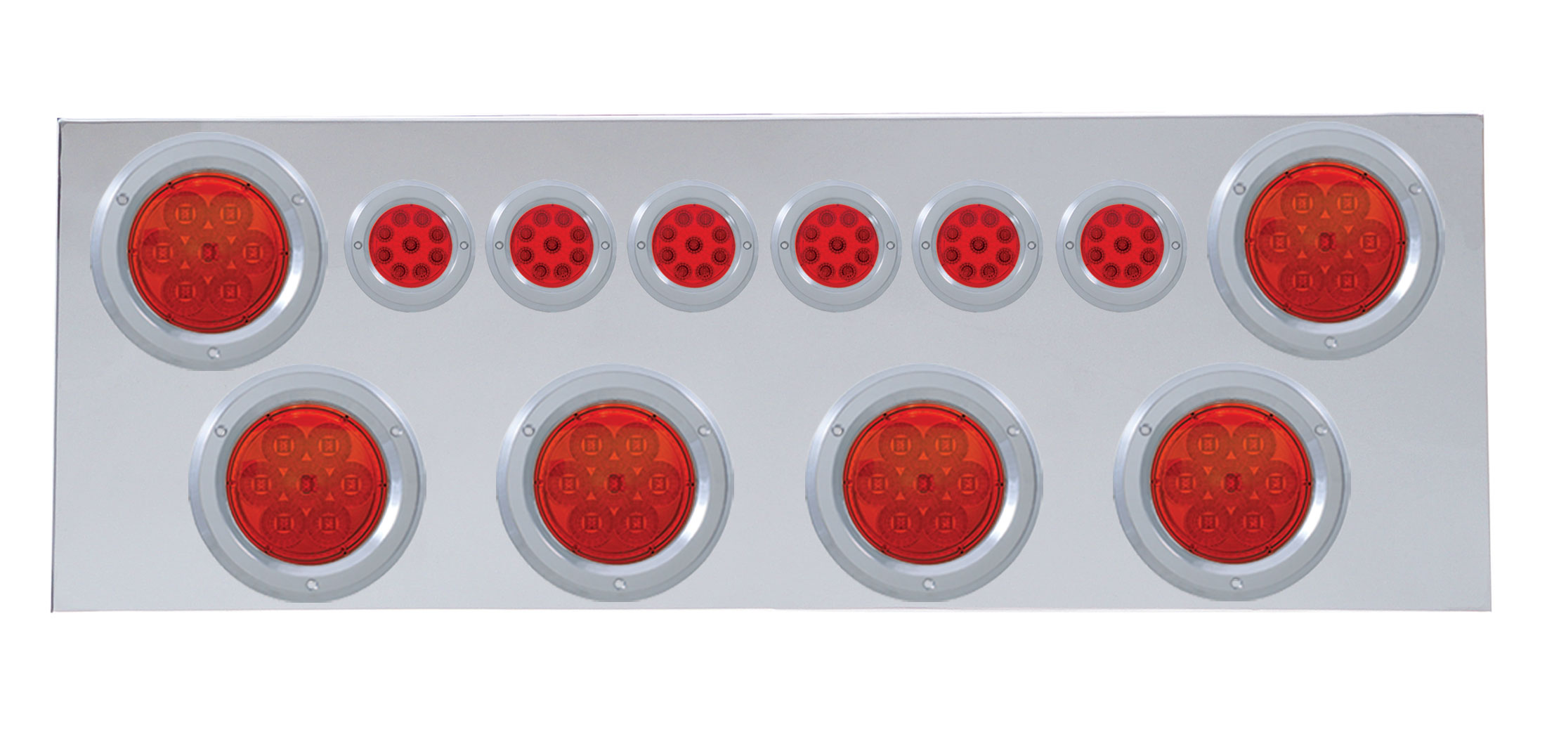 Stainless Steel Rear Center Light Panel W/ Six 7 Led 4" & 9 Led 2" Reflector Light W/ Bezel - Red Led/Red Lens