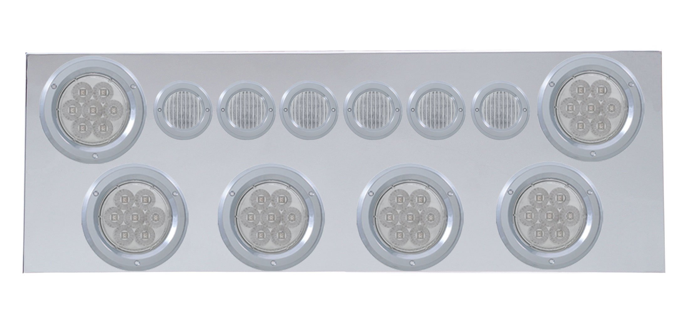 Stainless Steel Rear Center Light Panel W/ Six 7 Led 4" & 9 Led 2" Flat Light W/ Bezel - Red Led/Clear Lens