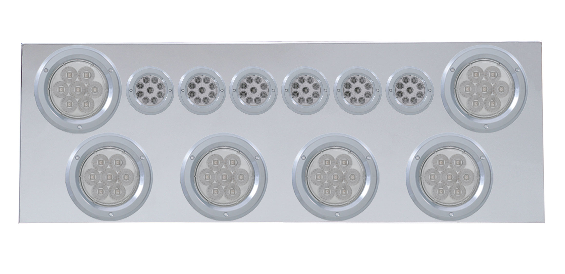 Stainless Steel Rear Center Light Panel W/ Six 7 Led 4" & 9 Led 2" Reflector Light W/ Bezel - Red Led/Clear Lens