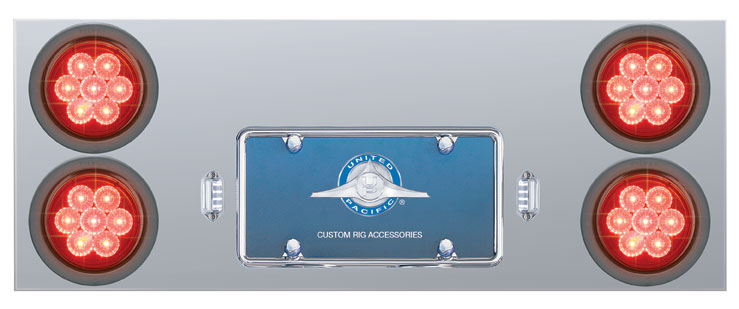 Stainless Steel Rear Center Light Panel W/ Four 7 Led 4" Light W/ Grommet - Red Led/Red Lens