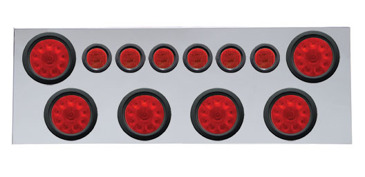430 Stainless Steel Rear Center Light Panel W/ Six 10 Led 4" & 9 Led 2" Flat Light W/ Grommet - Red Led/Red Lens