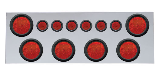 430 Stainless Steel Rear Center Light Panel W/ Six 7 Led 4" & 9 Led 2" Flat Light W/ Grommet - Red Led/Red Lens