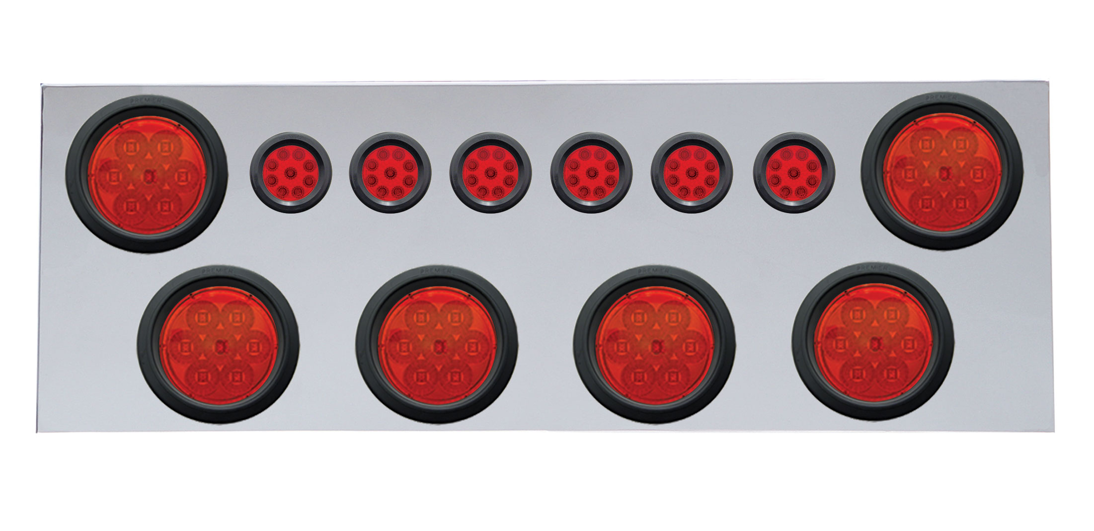 Stainless Steel Rear Center Light Panel W/ Six 7 Led 4" & 9 Led 2" Reflector Light W/ Grommet - Red Led/Red Lens
