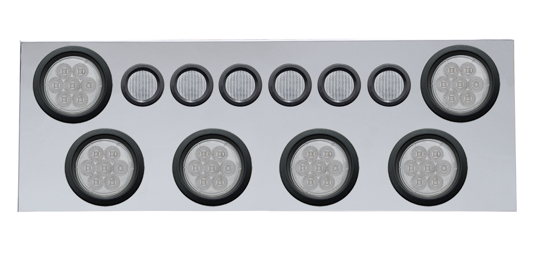 Stainless Steel Rear Center Light Panel W/ Six 7 Led 4" & 9 Led 2" Flat Light W/ Grommet - Red Led/Clear Lens