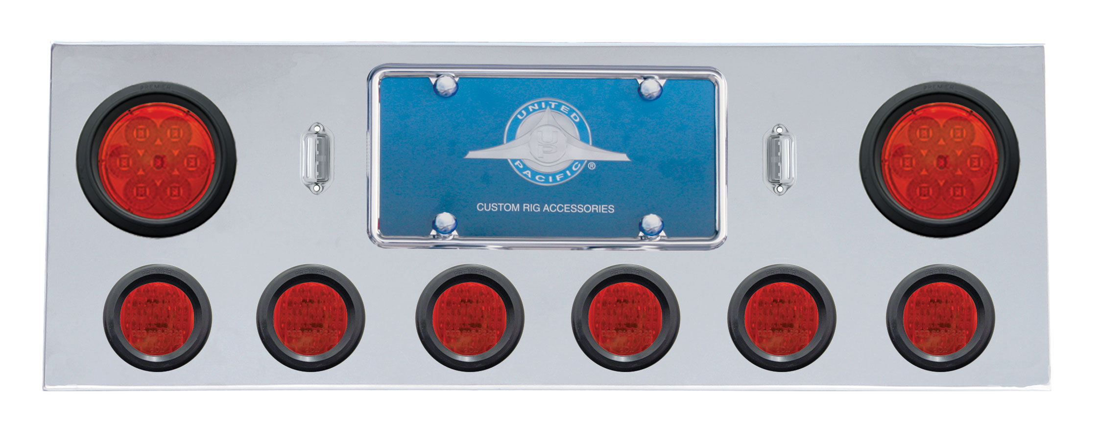 Stainless Steel Rear Center Lt Panel W/ Two 7 Led 4" & Six 13 Led 2 1/2" Flat Lt W/ Grommet - Red Led/Red Lens