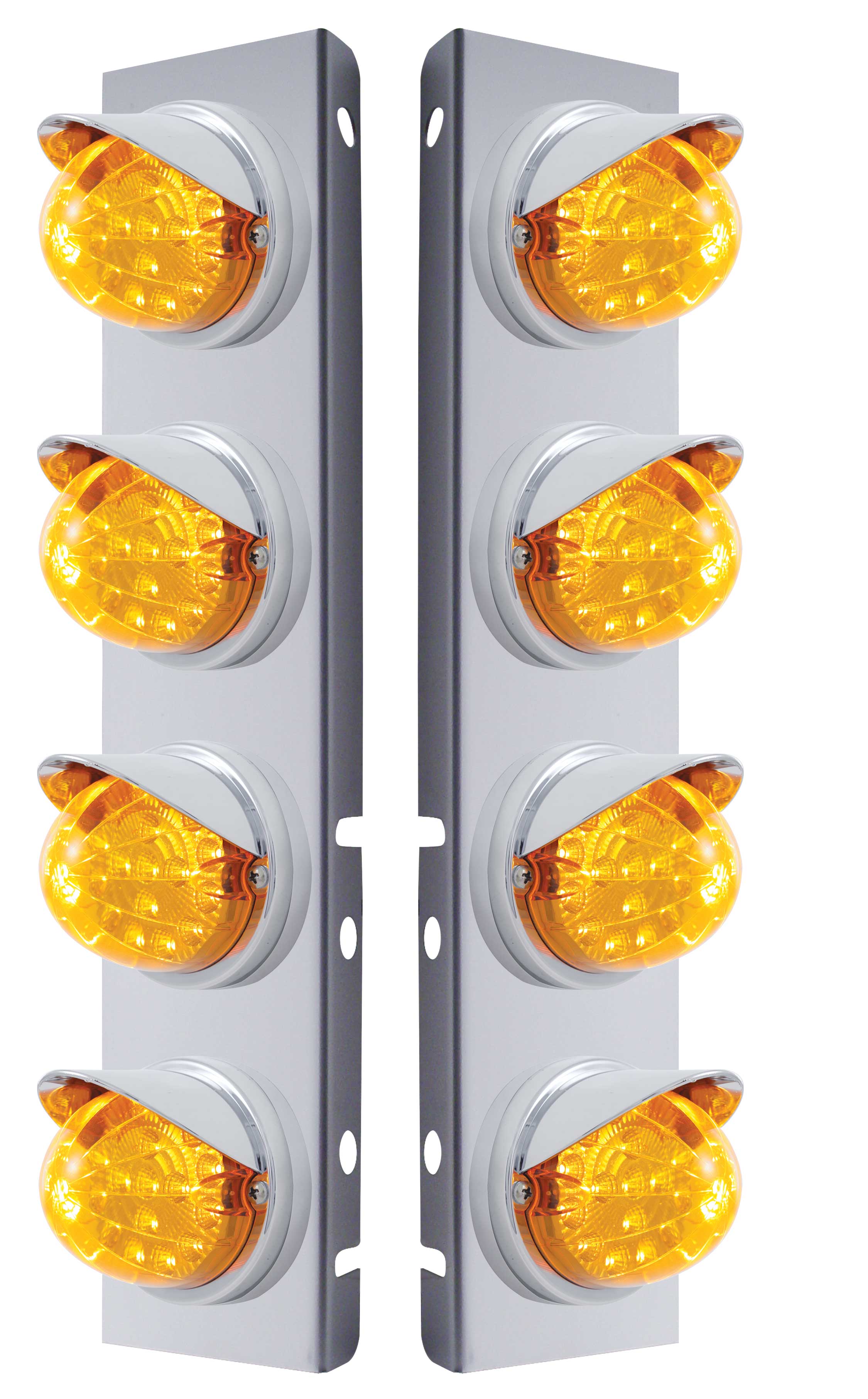 (2/Bulk) Stainless Steel Peterbilt 8 Led Cutout A/C Bracket W/ 17 Amber Led Clear W/ Reflector Dual Function Cab Lt & Cr Vsr - Amber Lens