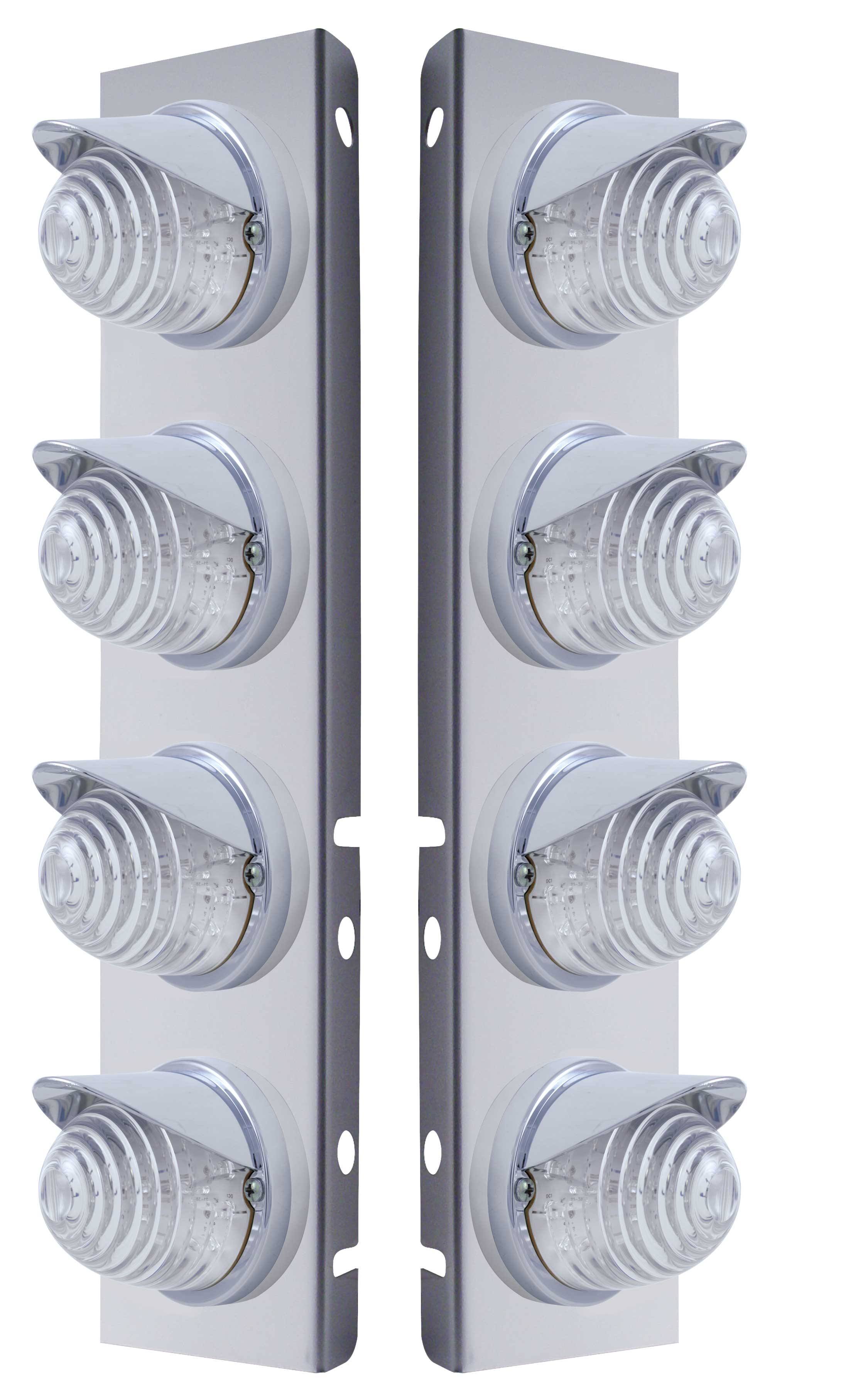 (2/Bulk) Stainless Steel Peterbilt 8 Led Cutout A/C Bracket W/ 17 Amber Led Beehive Cab Light & Cr Visor - Clear Lens