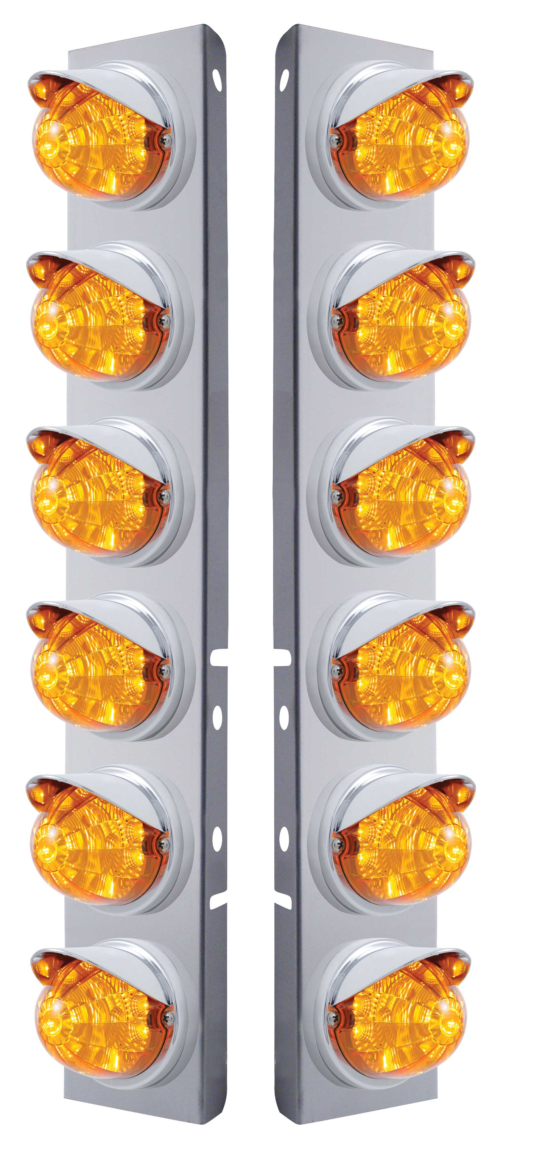 (2/Bulk) Stainless Steel Peterbilt 12 Led Cutout A/C Bracket W/ 17 Amber Led Watermelon W/ Reflector Cab Lt & Cr Visor - Amber Lens