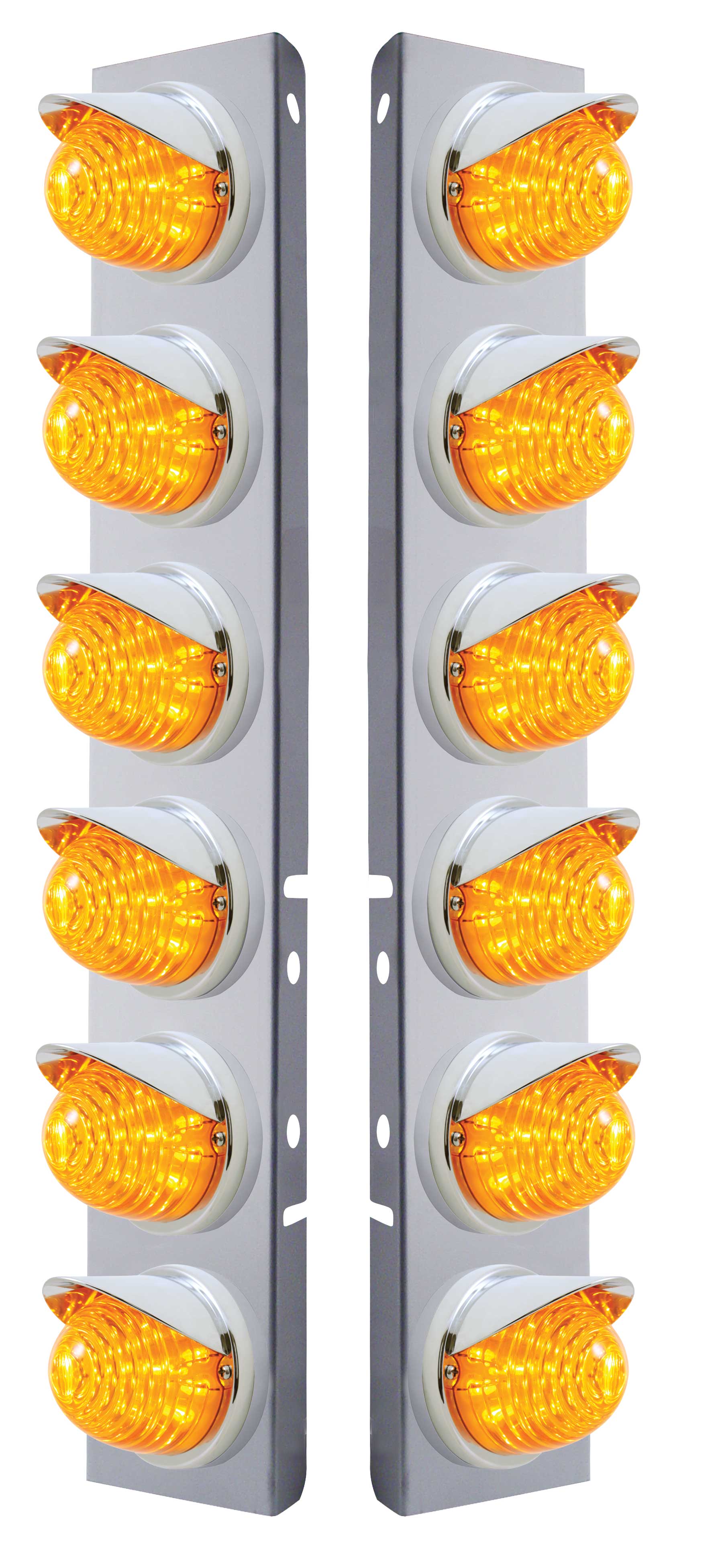 (2/Bulk) Stainless Steel Peterbilt 12 Led Cutout A/C Bracket W/ 17 Amber Led Beehive Cab Light & Cr Visor - Amber Lens