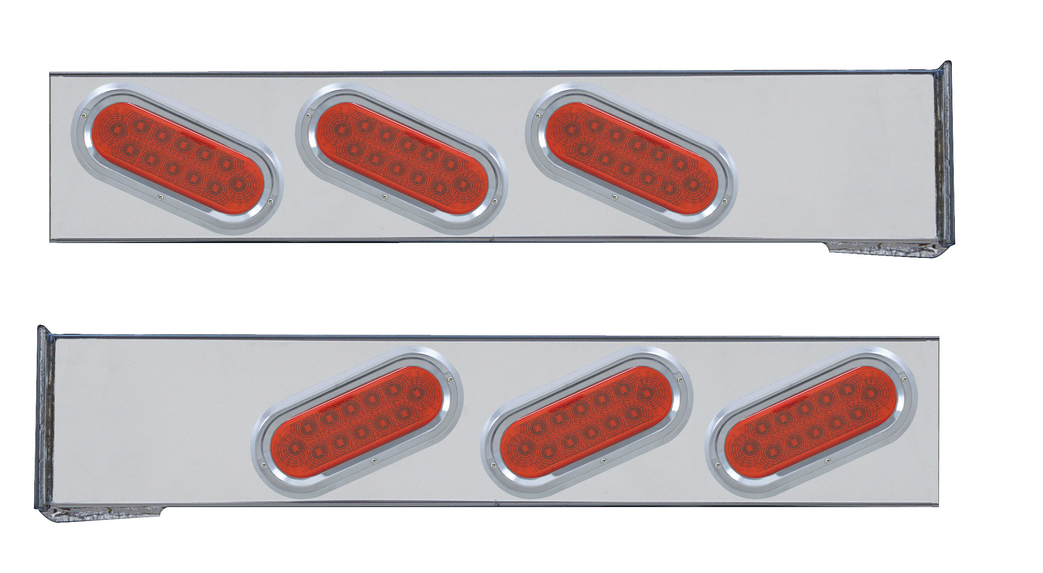 (2/Bulk) Stainless Steel 2 Pcs. Rear Lt Bar W/ 6 Slanted 12 Led Oval Red Lens Reflector Lt W/ Visor - 4 Hole Flange Mount