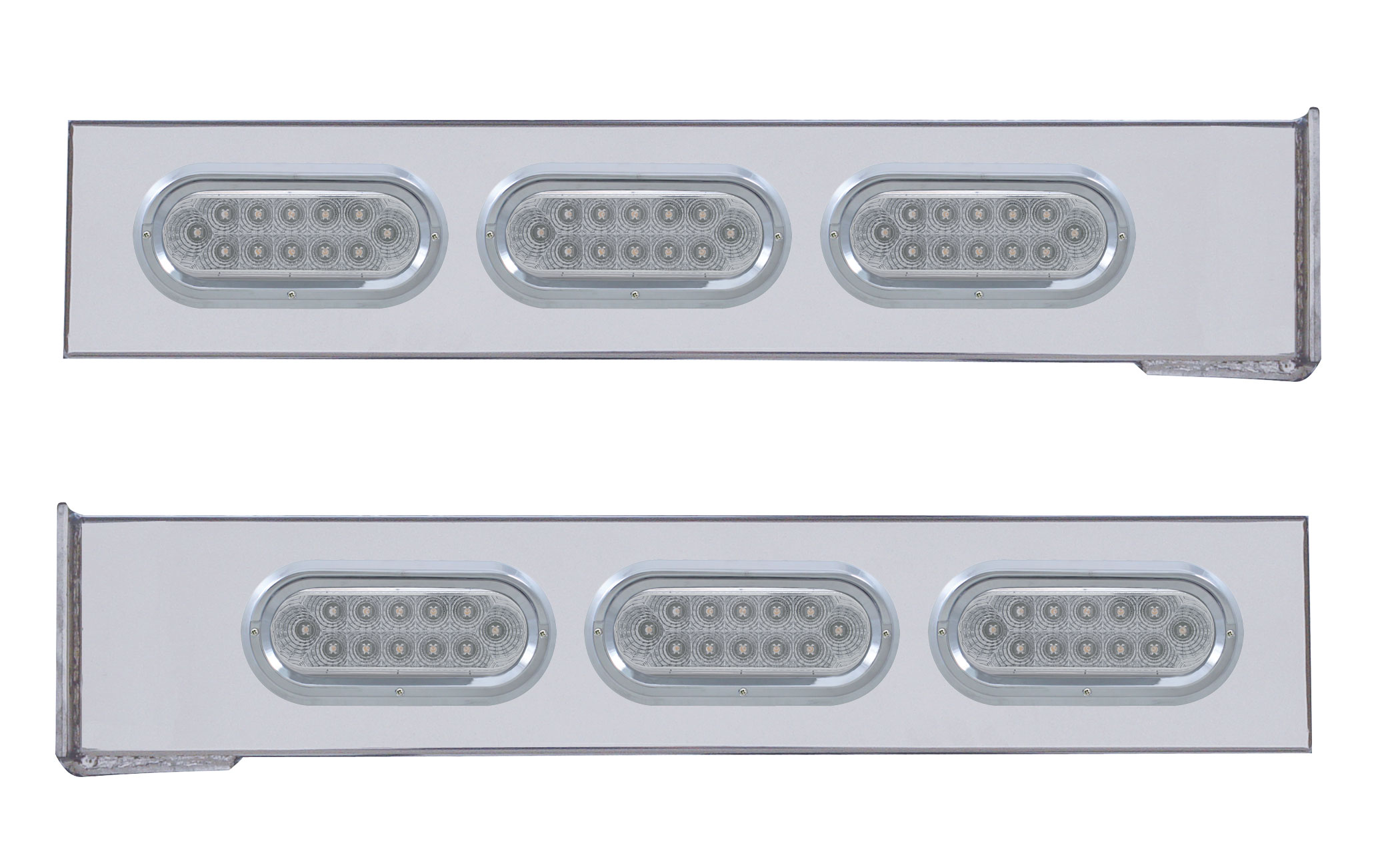 (2/Bulk) Stainless Steel 2 Pcs. Rear Lt Bar W/ 6 Straight 12 Led Oval Clear Lens Reflector Lt W/ Visor - 4 Hole Flange Mount