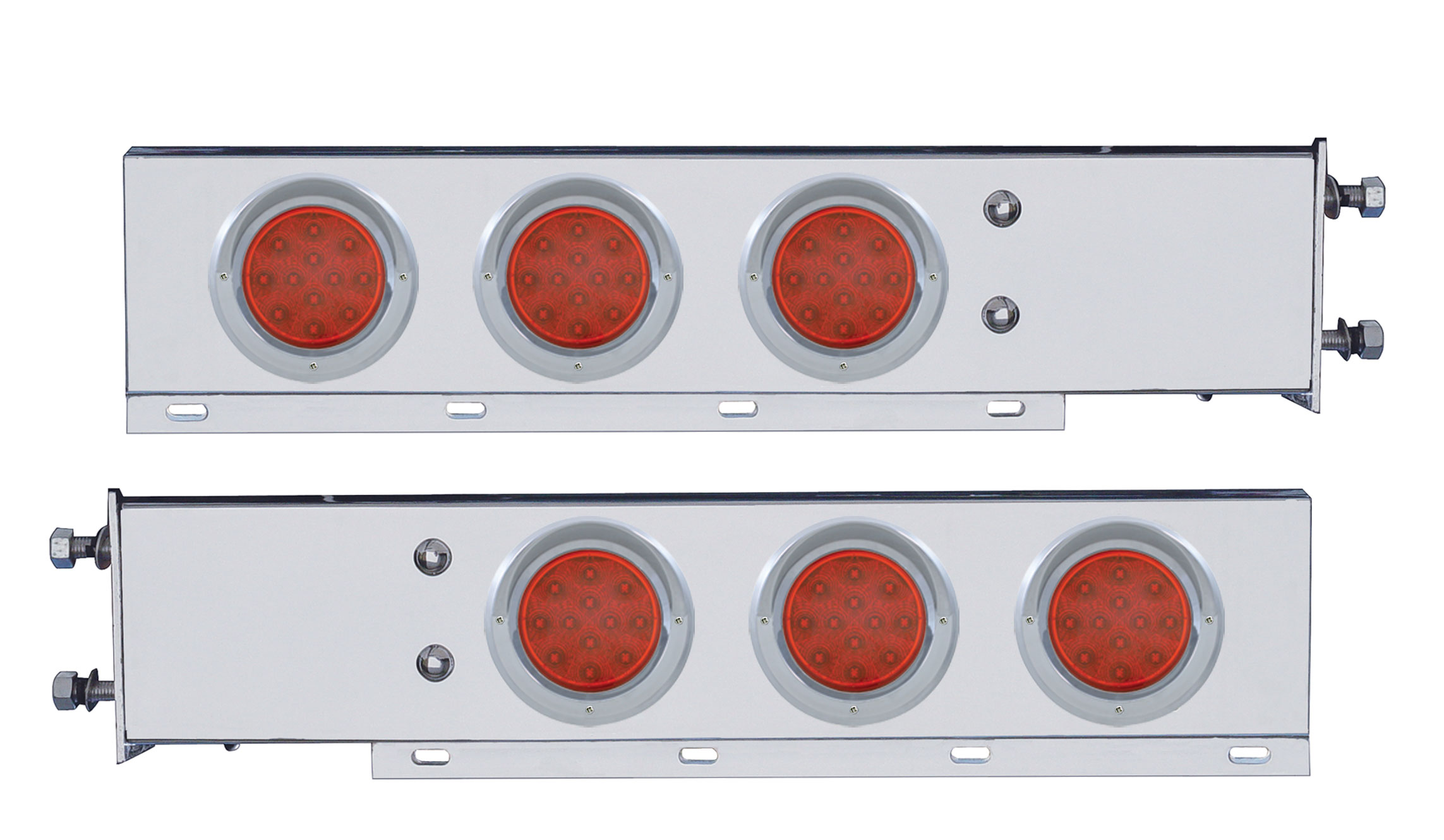 (2/Bulk) Chrome Spring Loaded Rear Lt Bar W/ Six 12 Red Led 4" Red Lens Reflector Lt W/ Visor - 3 3/4" Bolt Pattern