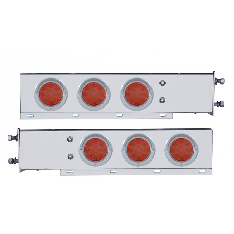 (2/Bulk) Stainless Steel Spring Loaded Rear Lt Bar W/ Six 12 Red Led 4" Red Lens Reflector Lt W/ Visor - 3 3/4" Bolt Pattern