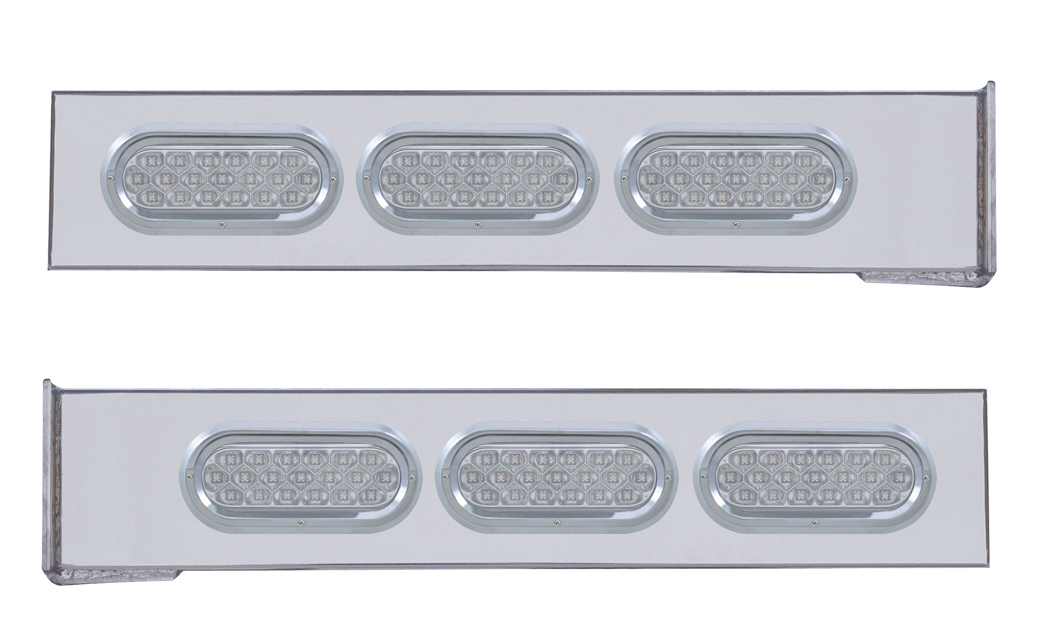 (2/Bulk) Stainless Steel 2 Pcs. Rear Lt Bar W/ 6 Straight 19 Led Oval Clear Lens Lt W/ Visor - 4 Hole Flange Mount
