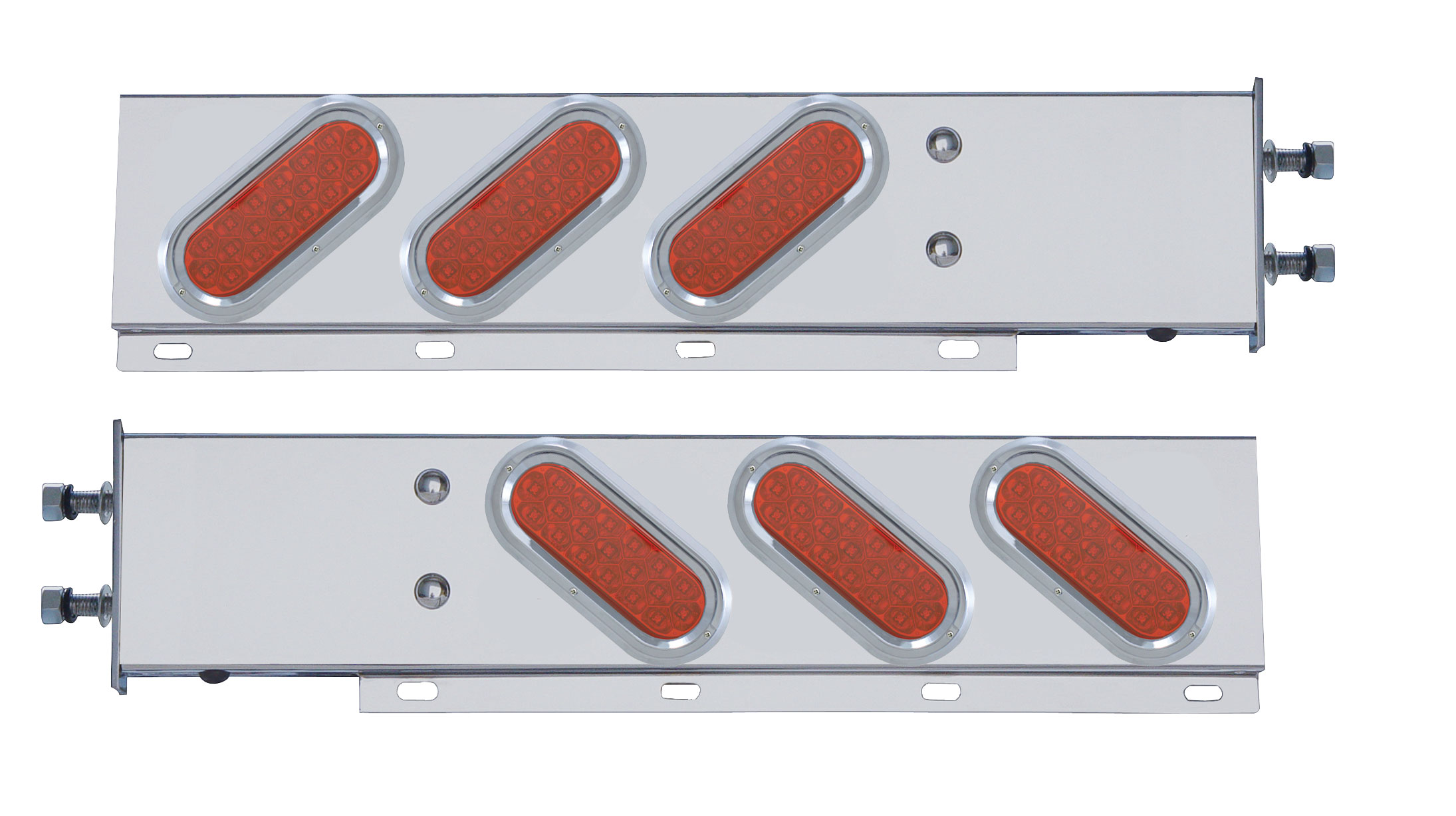 (2/Bulk) Stainless Steel Spring Loaded Rear Lt Bar W/ 6 Slanted Down 19 Red Led Oval Red Lens Lt W/ Visor - 3 3/4" B.P.