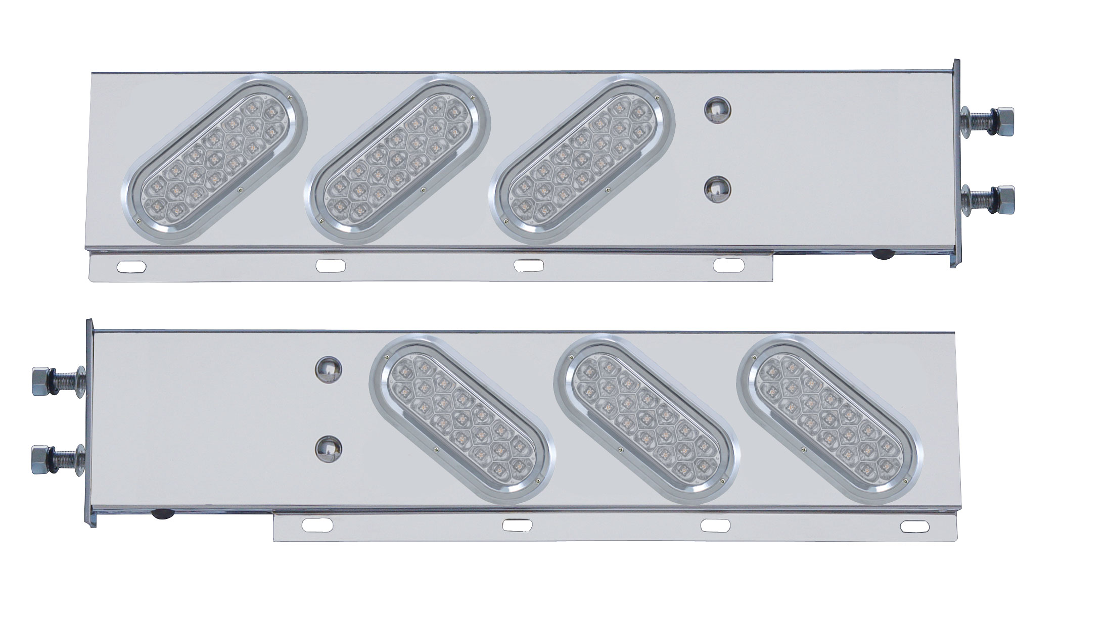 (2/Bulk) Stainless Steel Spring Loaded Rear Lt Bar W/ 6 Slanted Down 19 Red Led Oval Clear Lens Lt W/ Visor - 3 3/4" B.P.