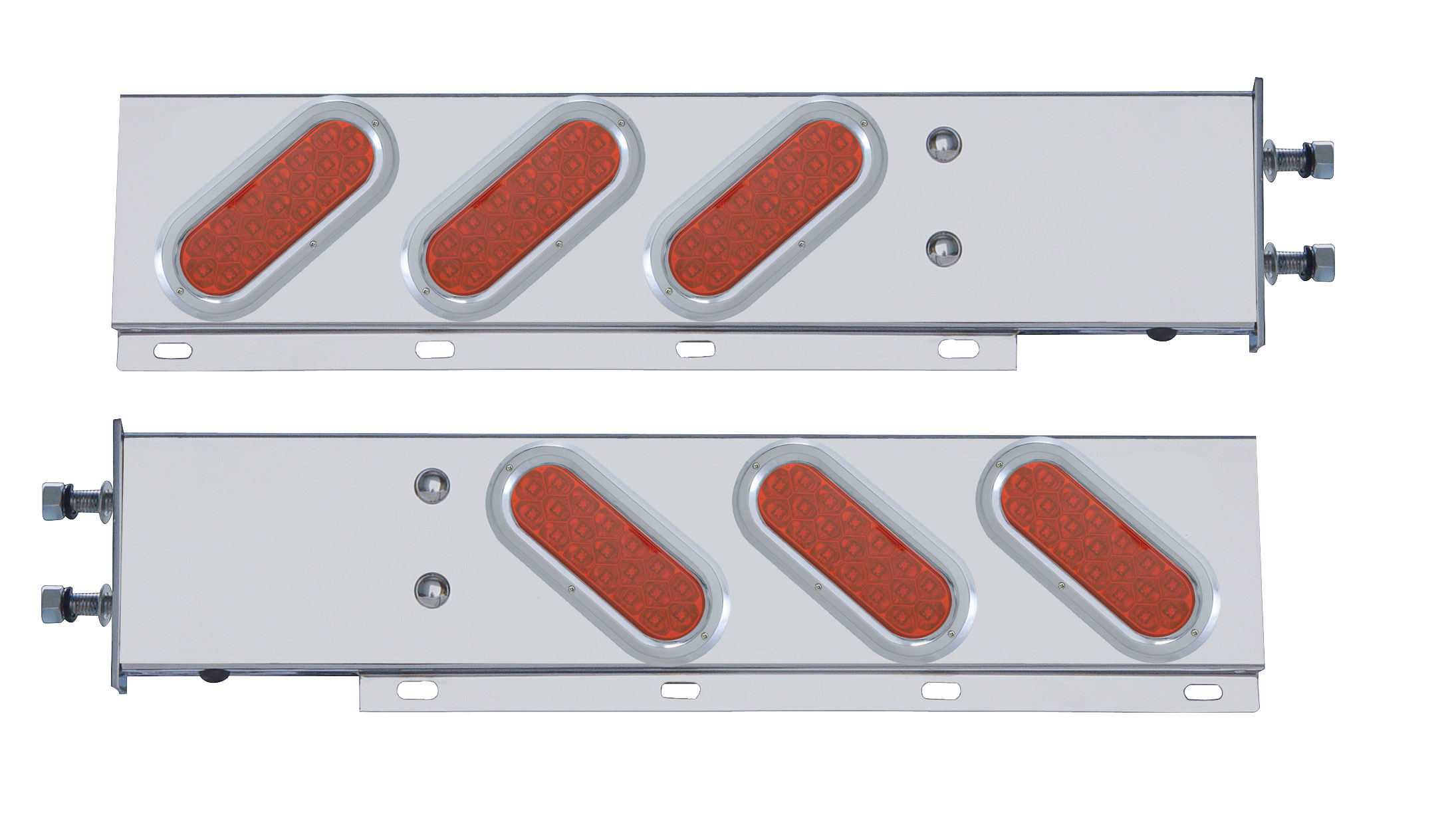 (2/Bulk) Stainless Steel Spring Loaded Rear Lt Bar W/ 6 Slanted Down 19 Red Led Oval Red Lens Lt W/ Bezel - 3 3/4" B.P.