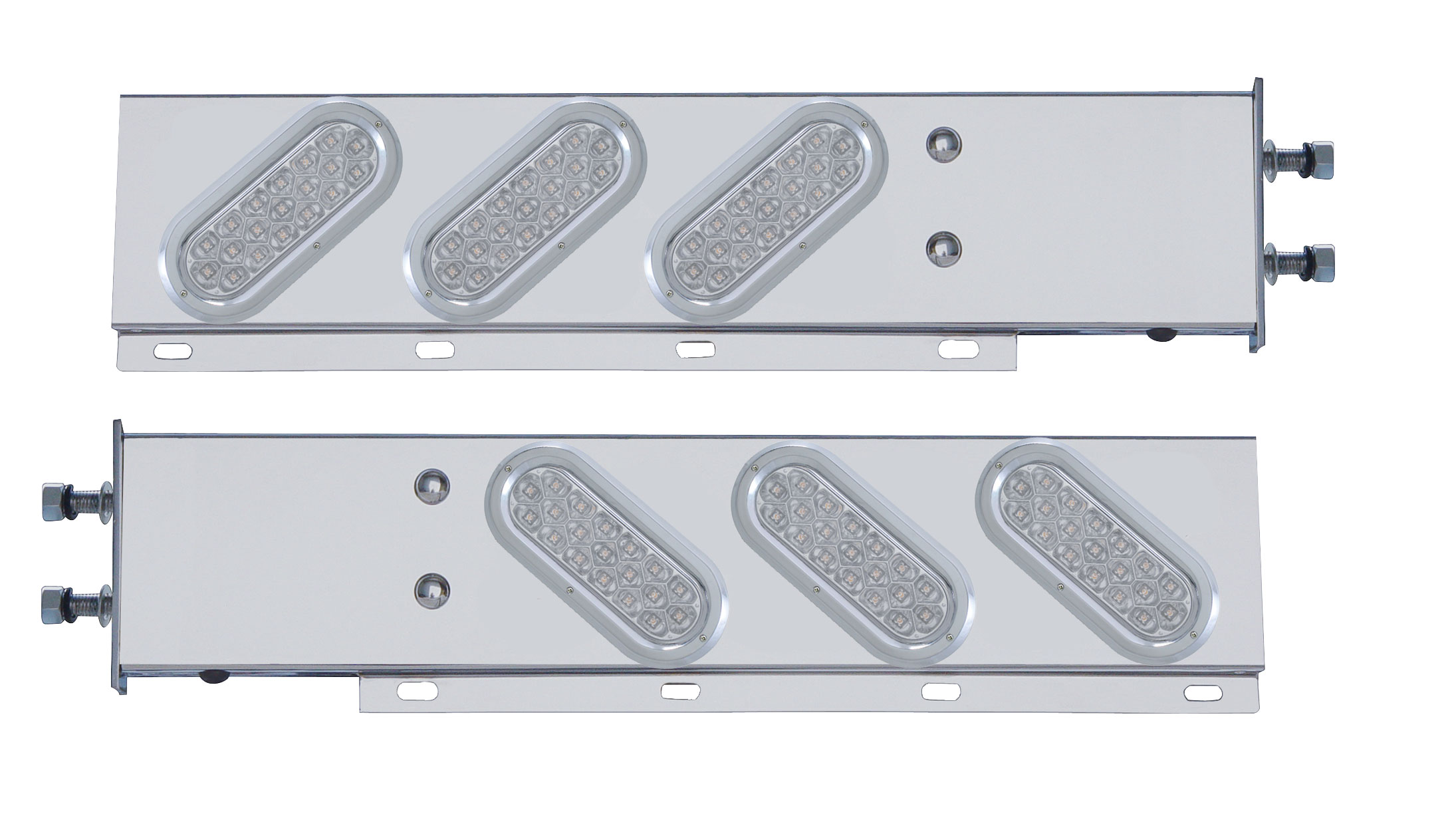 (2/Bulk) Stainless Steel Spring Loaded Rear Lt Bar W/ 6 Slanted Down 19 Red Led Oval Clear Lens Lt W/ Bezel - 3 3/4" B.P.