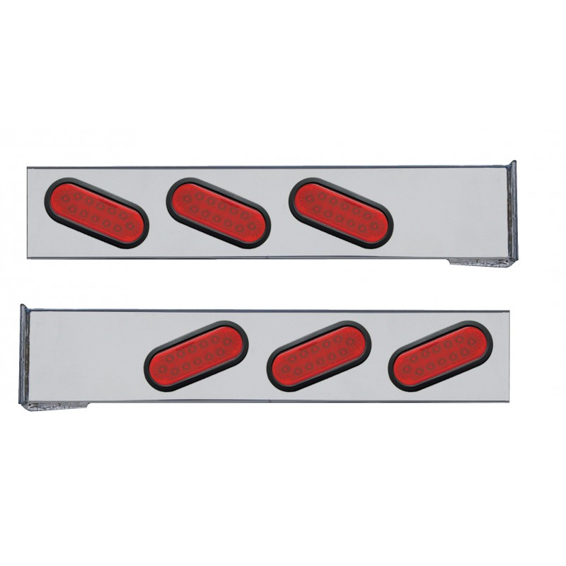 (2/Bulk) Chrome 2 Pcs. Rear Lt Bar W/ 6 Slanted 12 Led Oval Red Lens Reflector Lt W/ Grommet - 4 Hole Flange Mount